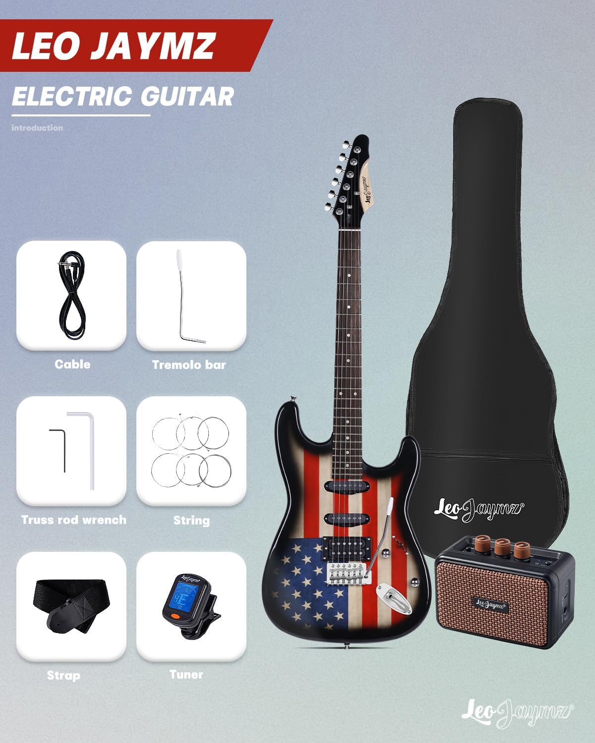 Leo Jaymz 39' Full Size ST Style Electric Guitar Starter Kit with SSH Pickup, 5W Portable Amp, Tuner, Gig Bag, Strap & Accessories (US Flag)