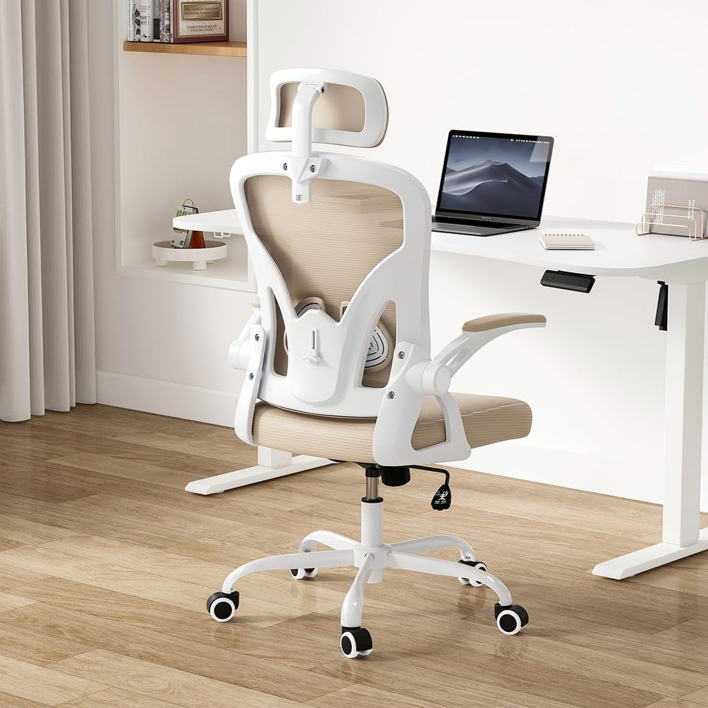 Farini Ergonomic Office Chair, Home Office Desk Chair with Headrest, High Back Swivel Computer Chair with Armrests and Adjustable Lumbar Support for Home Office Study Room, White & Khaki