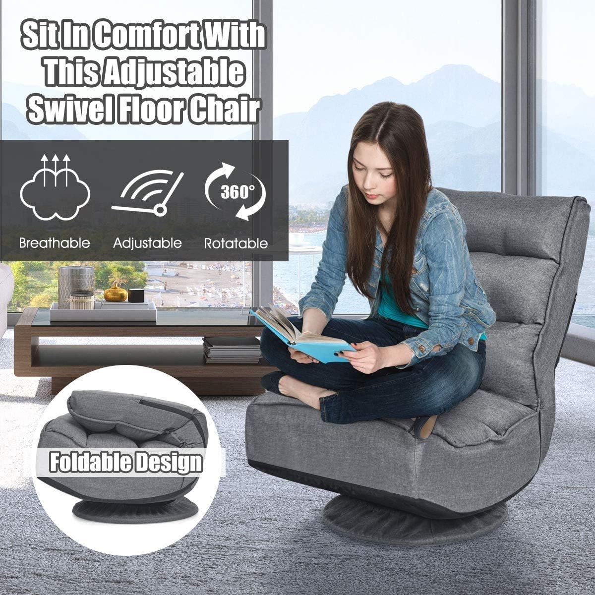 FANTASK 360 Degree Swivel Floor Chair, Folding Floor Sofa w/ 5 Adjustable Positions & Backrest, Lazy Lounge Chair for Relaxing Reading Gaming TV Watching (Gray)