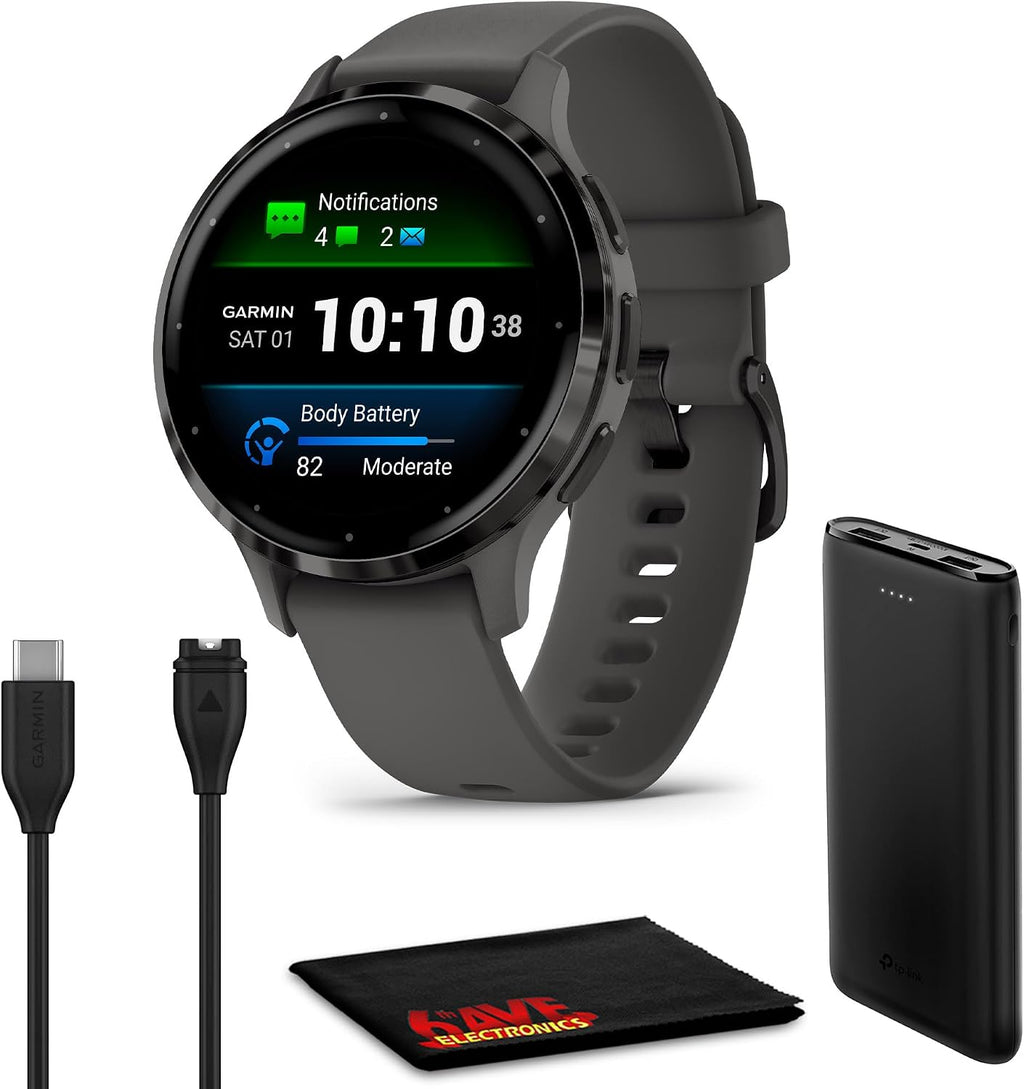 Garmin Venu 3S Advanced Fitness and Health Tracker Smartwatch with Slate Stainless Steel Bezel with Pebble Gray Case and Silicone Band 1.2 Inch AMOLED Touch Screen Display Bundle with Accessories