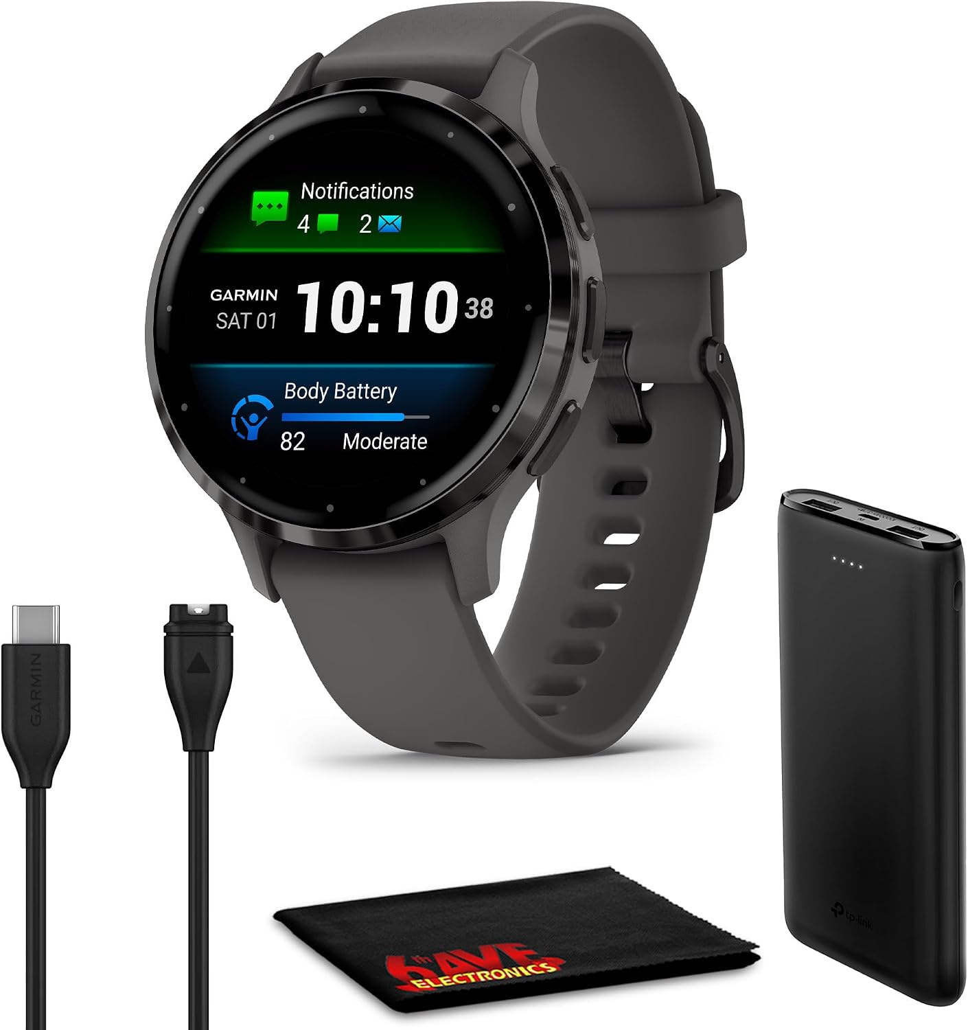 Garmin Venu 3S Advanced Fitness and Health Tracker Smartwatch with Slate Stainless Steel Bezel with Pebble Gray Case and Silicone Band 1.2 Inch AMOLED Touch Screen Display Bundle with Accessories