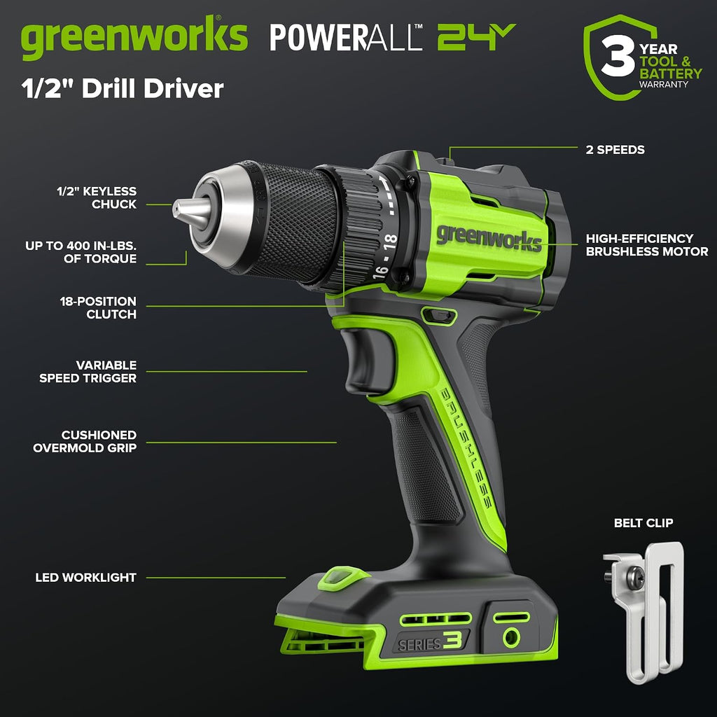 Greenworks 24V Cordless Brushless 400 in-lbs Drill/Driver+1950 in-lbs Impact Driver Combo,High Torque, Lightweight, (2) 2.0Ah USB-C Batteries(12,000mAh Power Bank) and 65W USB-C Fast Charger(3-Port)