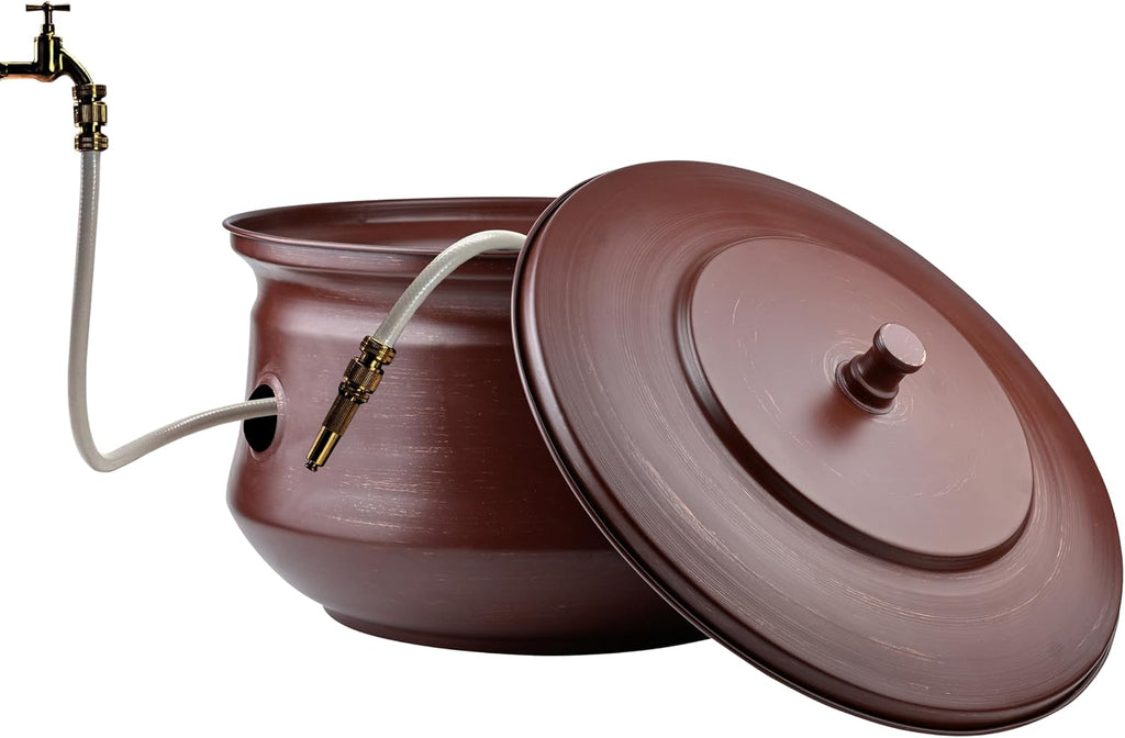Decorative Garden Hose Holder Pot Storage with Lid 19x15.25' for Yard, Indoor & Outdoor Use - Water Hose Container, Handmade (Cobble Creek Brushed Bronze)