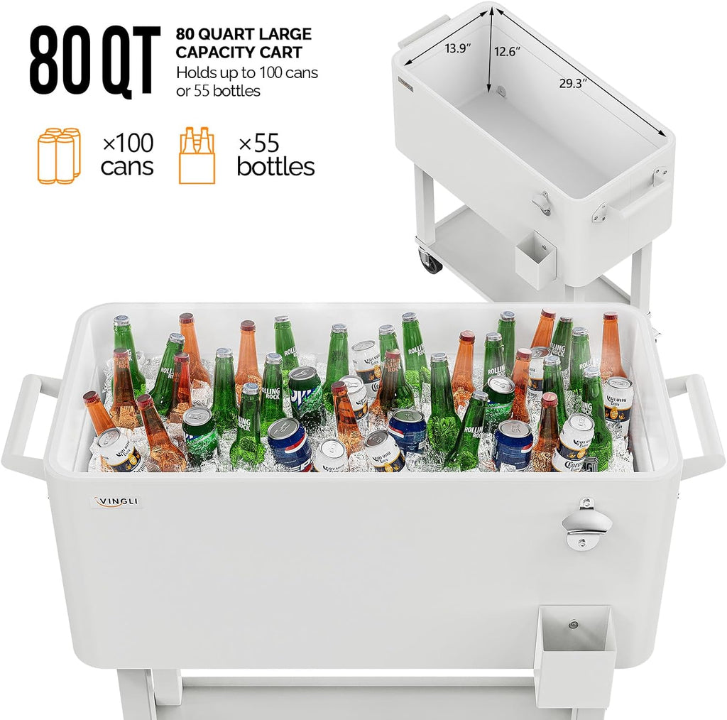 VINGLI Rolling Ice Chest, Portable Patio Party Bar Drink Cooler Cart, with Shelf, Beverage Pool with Bottle Opener