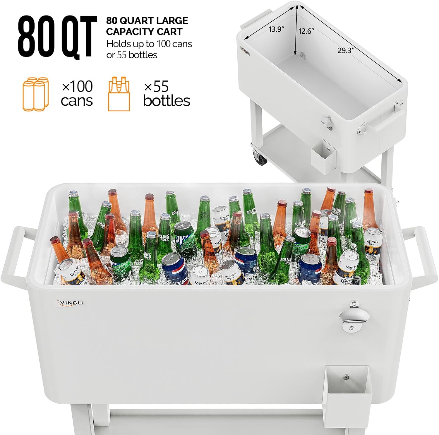 VINGLI Rolling Ice Chest, Portable Patio Party Bar Drink Cooler Cart, with Shelf, Beverage Pool with Bottle Opener