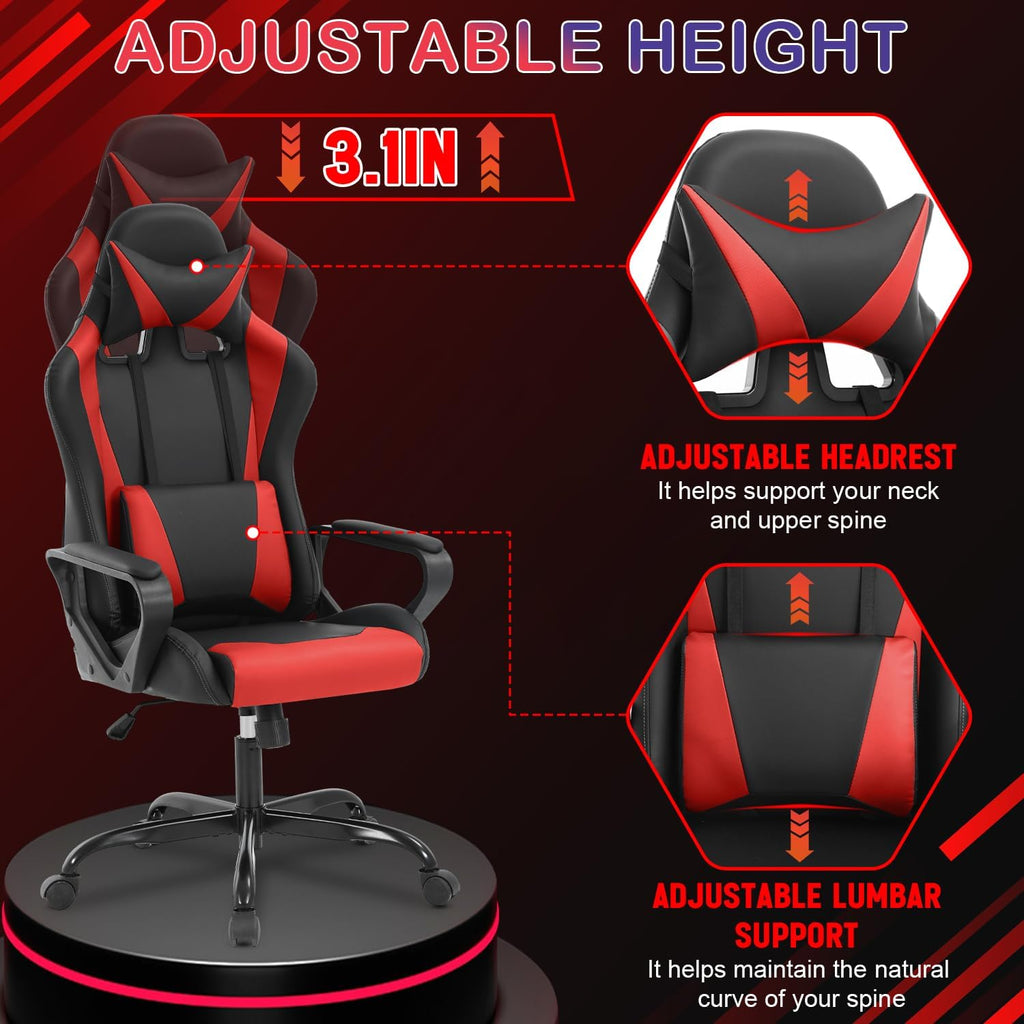 Dopinmin PU Leather Ergonomic Gaming Chair Esports Computer Chair Boss Chair with Lumbar Cushion and Retractable Footrest Video Game Chair for Streaming,RED