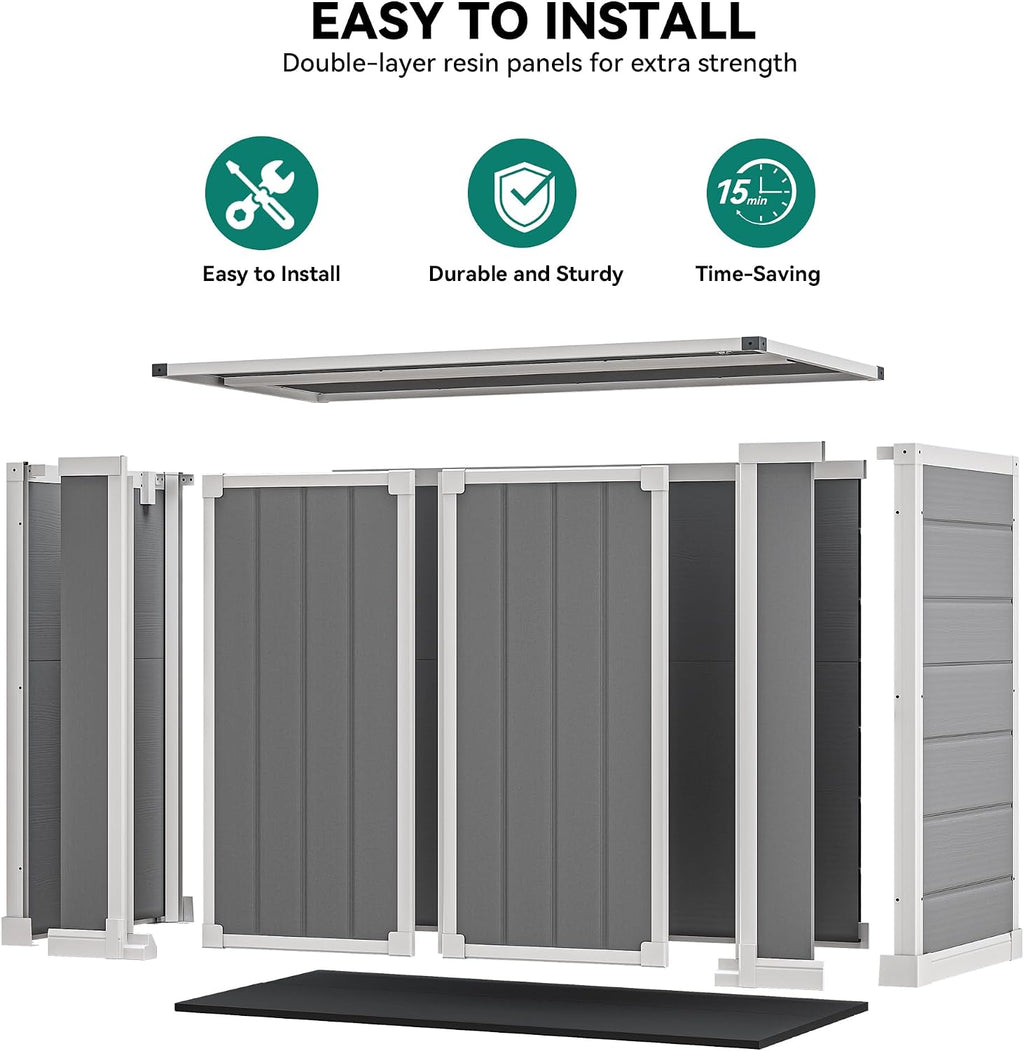 DWVO 41 Cu.ft Horizontal Resin Storage Shed, All Weather 4.7x2.5 FT Outdoor Garden Shed with Hydraulic Struts, 3 Locks, Lockable to Floor for Garden Tools, Trash Cans, Gray