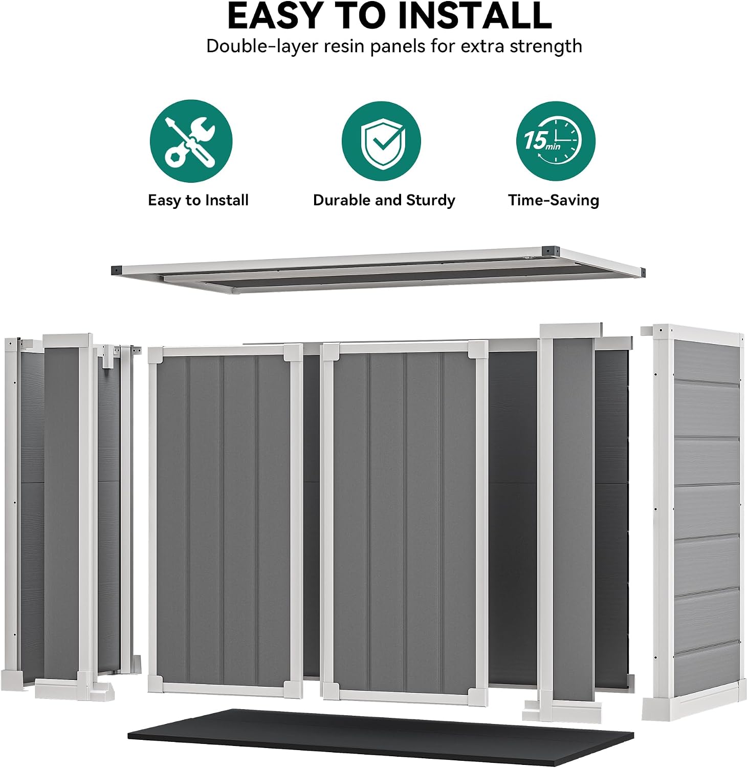 DWVO 41 Cu.ft Horizontal Resin Storage Shed, All Weather 4.7x2.5 FT Outdoor Garden Shed with Hydraulic Struts, 3 Locks, Lockable to Floor for Garden Tools, Trash Cans, Gray