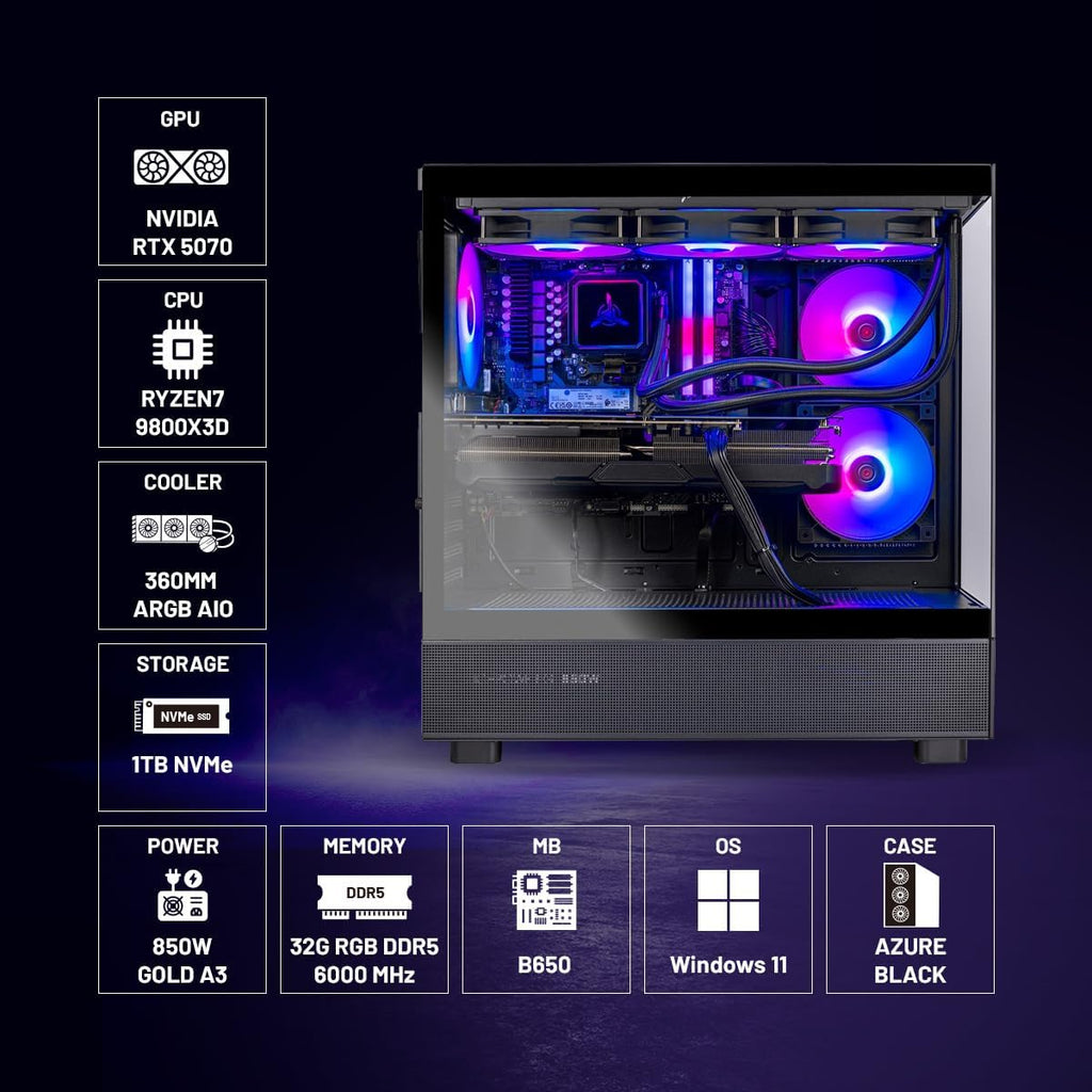 Skytech Gaming Azure 3 Desktop PC, Ryzen 7 9800X3D 4.7 GHz (5.2 GHz), NVIDIA RTX 5070 12GB, 1TB Gen4 NVMe SSD, 32GB DDR5 RAM 6000 RGB, 850W Gold ATX 3 PSU, 360mm ARGB AIO, Wi-Fi, Win 11