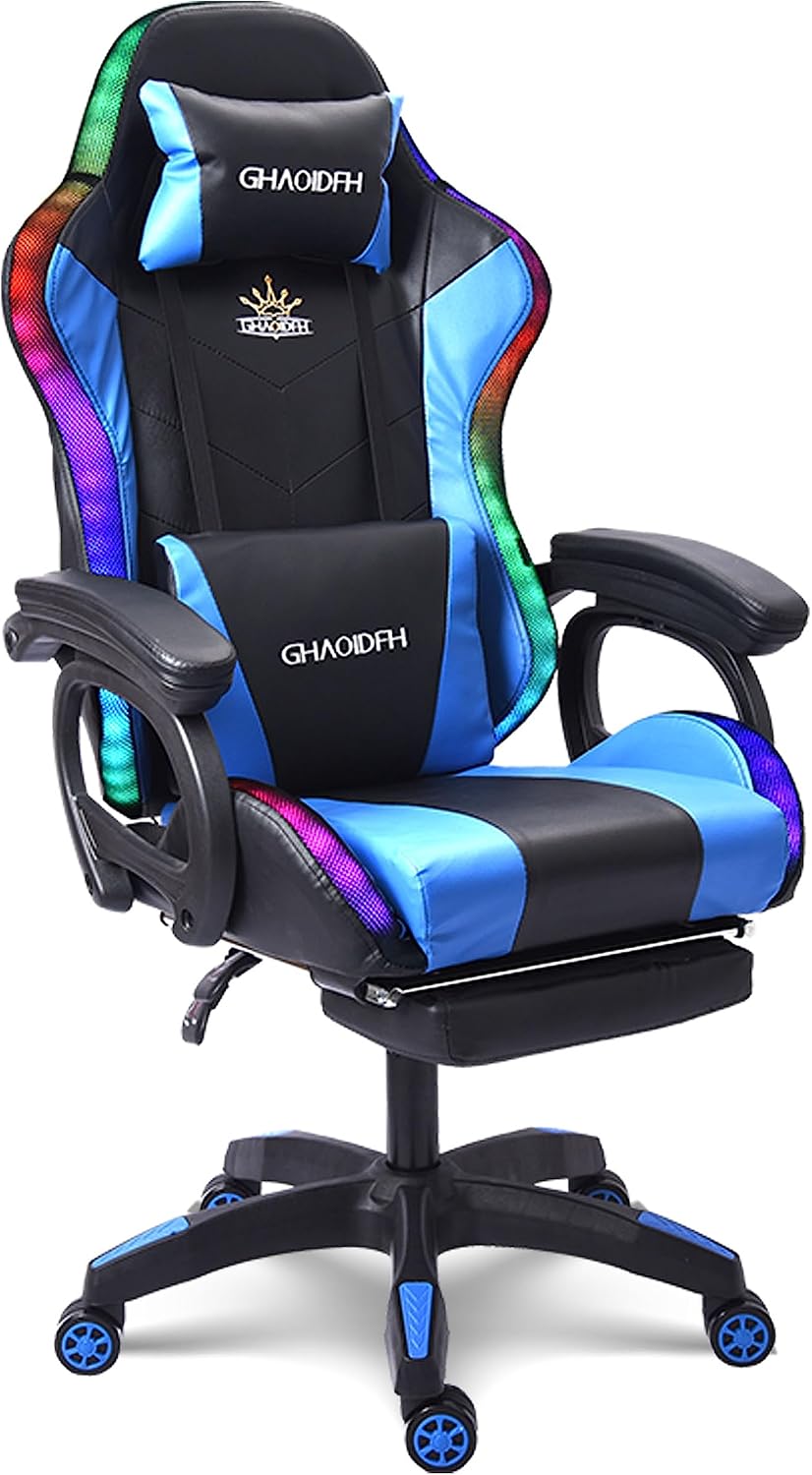 Gaming Chairs with Speakers and LED Light,Gaming Chair with Footrest and Massage Lumbar Support,Multi-Function, Gaming Chairs, Reclining Gaming Chairs, Racing Chair for Adults Teens Gamer.,Bl