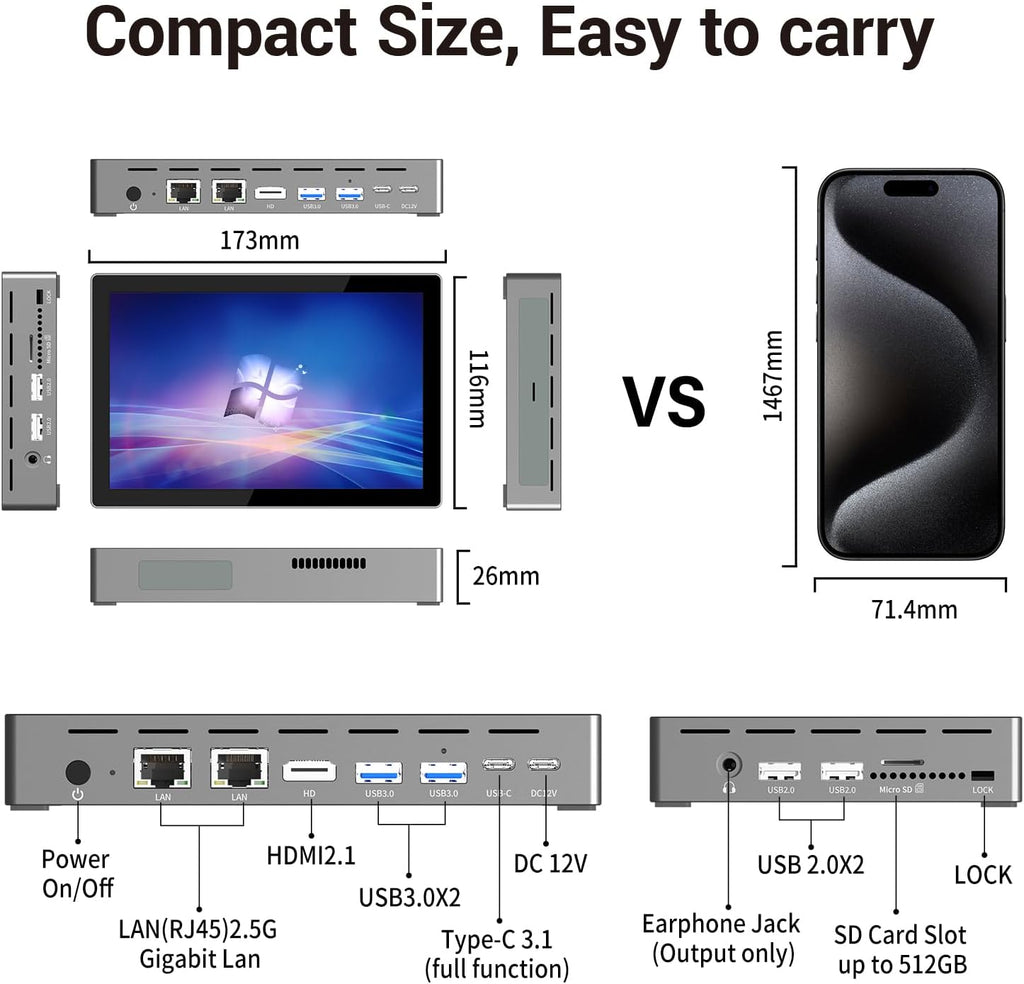 HEIGAOLA 7' Mini PC Celeron N95, Win11 Pro Mini Computer 16GB RAM 512GB eMMC, HD IPS Touchscreen Computer Desktop 4K Dual Display for Home/Office, HDMI/USB/WiFi5/BT5.0/Type-C/Dual Gigabit LAN