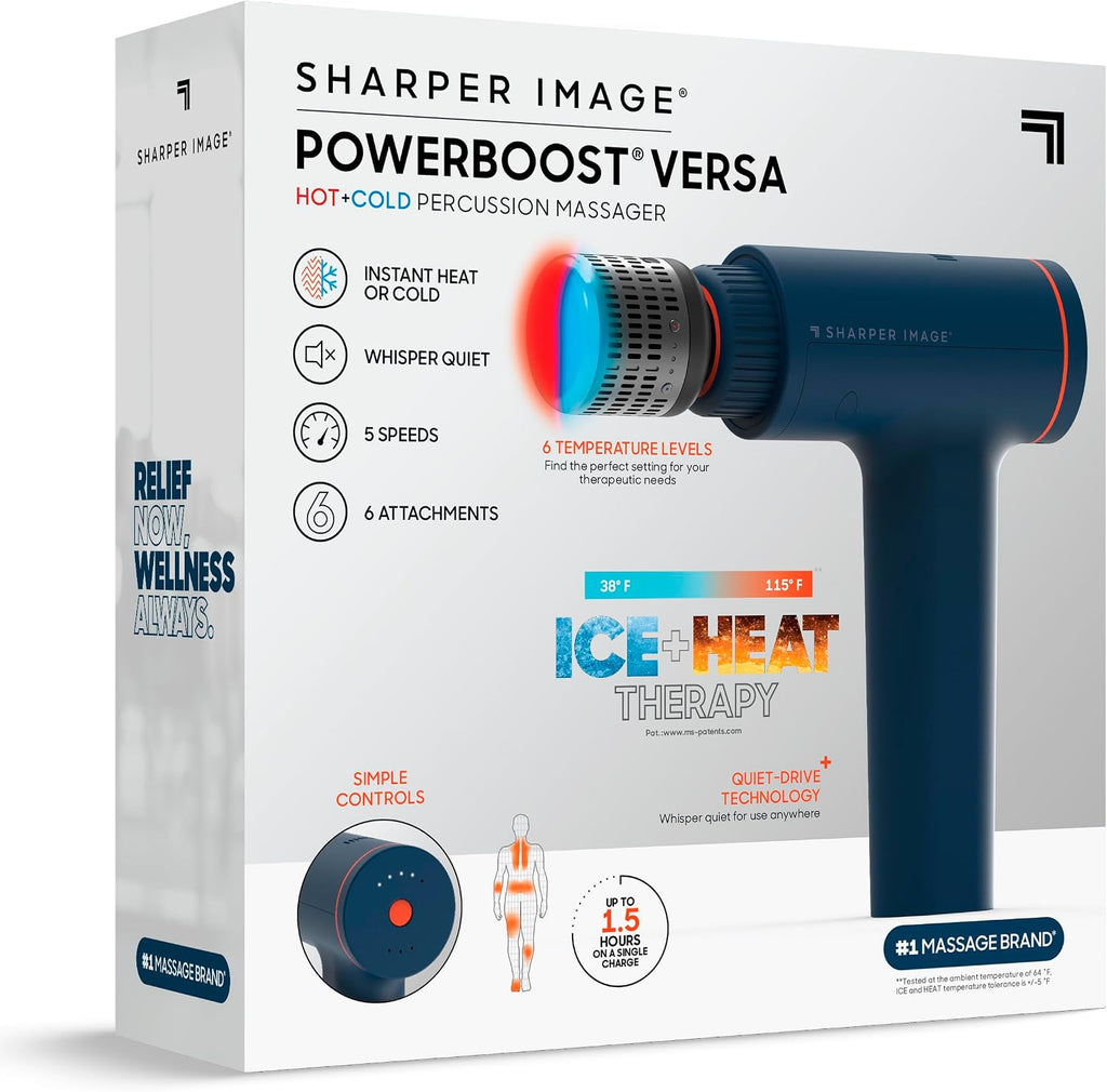 Sharper Image Deep Tissue Percussion Massage Gun, Powerboost Versa Hot & Cold Rechargeable Handheld Massager, 5 Adjustable Speeds, 6 Attachment Heads & Carrying Case, for Muscle Pain Relief, Blue