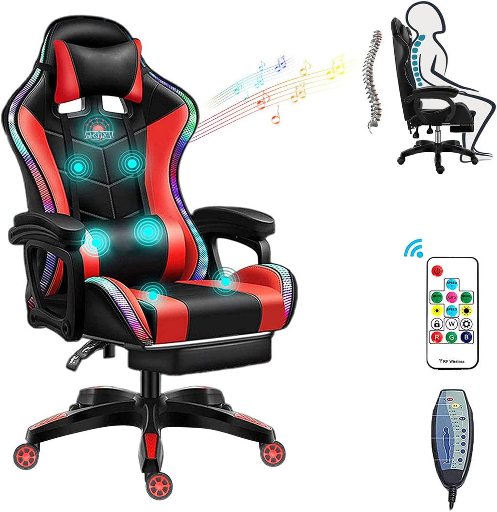 Massage Gaming Chair with Speakers, Ergonomic Recliner Computer Desk Chair, High Back PU Leather Office Chair Adjustable Swivel Reclining Chair with Lumbar Support and Footrest,Red