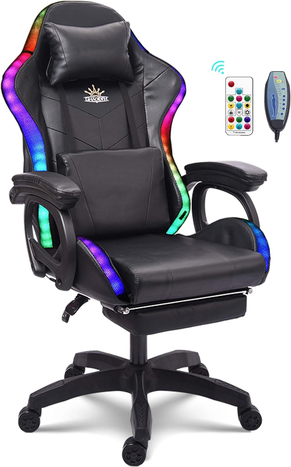 Ergonomic Massage Gaming Chair, Office Chair with Lumbar Support and Footrest, Video Gaming Chair with RGB Lights and Speakers, Adjustable Linkage Armrests and Backrest PC Chair,Black