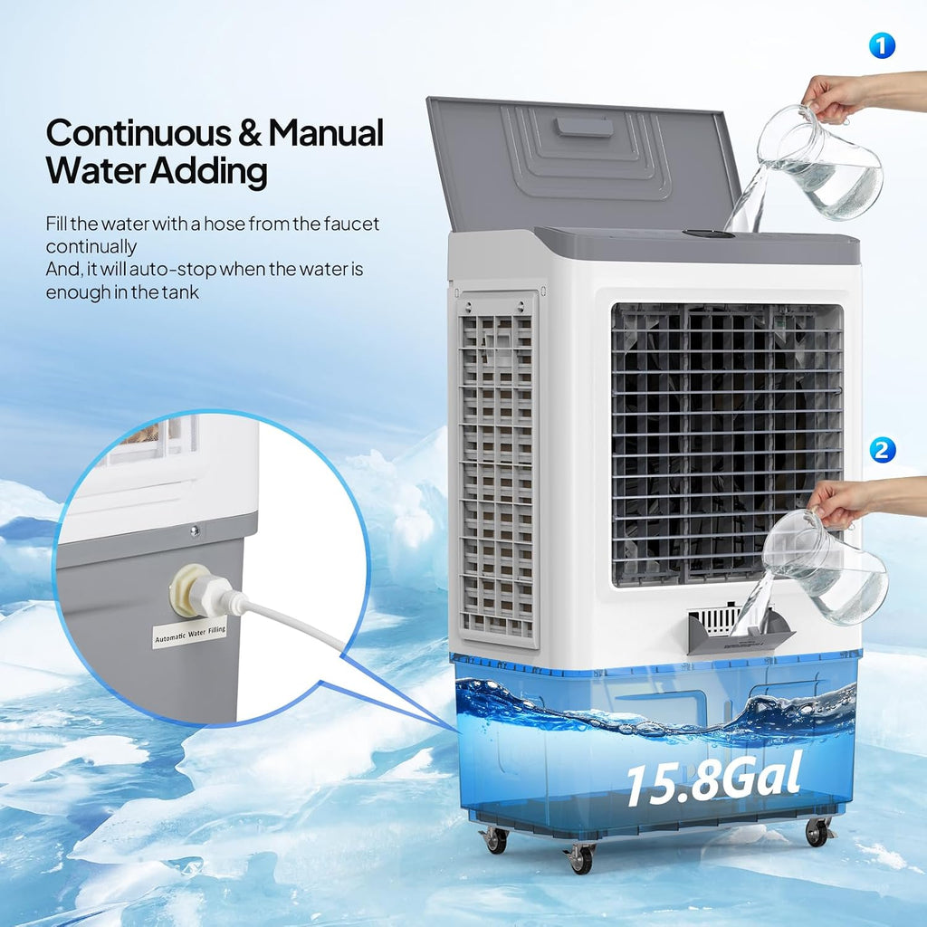 ROVSUN 2900CFM Portable Air Cooler, 15.8Gal/60L Evaporative Swamp Cooler, 3-IN-1 Cooling Fan with Water Connected, Remote Control, 3 Speeds, 12H Timer & 4 Ice Box, Humidifying Oscillating Fan