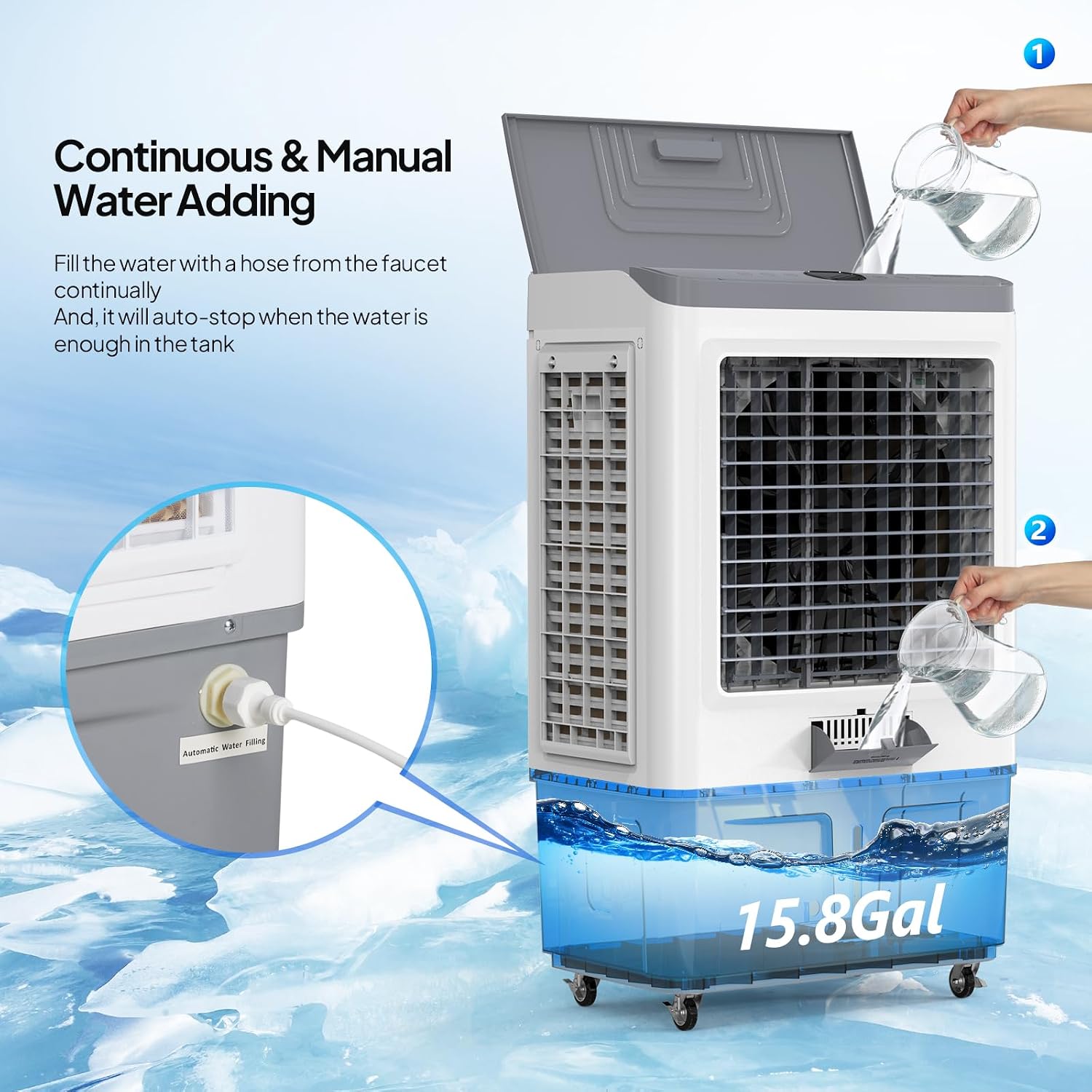 ROVSUN 2900CFM Portable Air Cooler, 15.8Gal/60L Evaporative Swamp Cooler, 3-IN-1 Cooling Fan with Water Connected, Remote Control, 3 Speeds, 12H Timer & 4 Ice Box, Humidifying Oscillating Fan