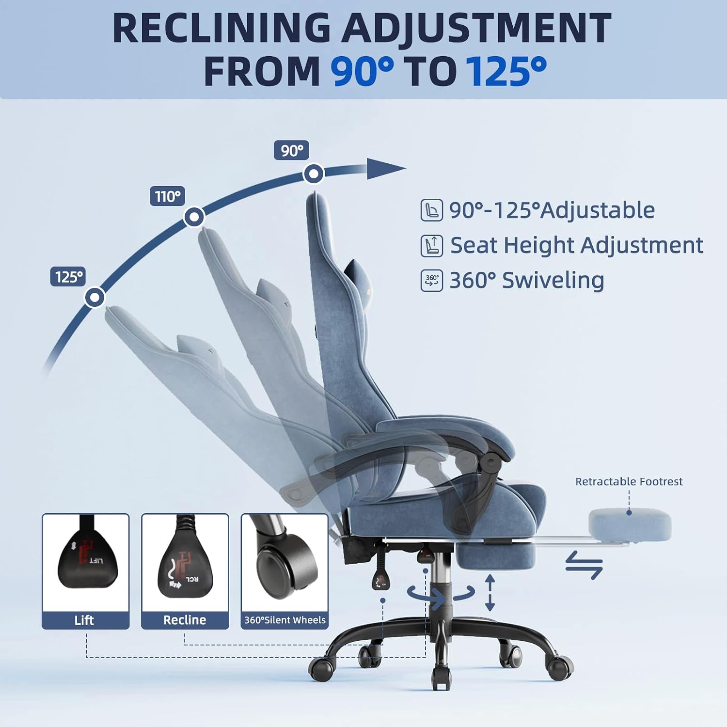 Huracan Velvet Fabric Gaming Chair with Footrest for Adults, Ergonomic Gaming Chairs with Massage Lumbar, Reclining Racing Computer Chair with Spring Cushion for Home Office Video Game, Grey