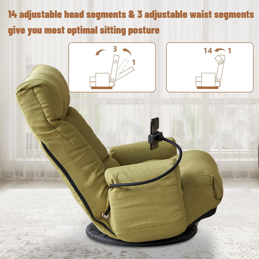 360° Swivel Floor Green Gaming Chair Linen Folding Lounge Sofa Chair with Adjustable Head and Waist, Armrests & Phone Holder, Padded Cushion Leisure Chairs for Living Room Bedroom