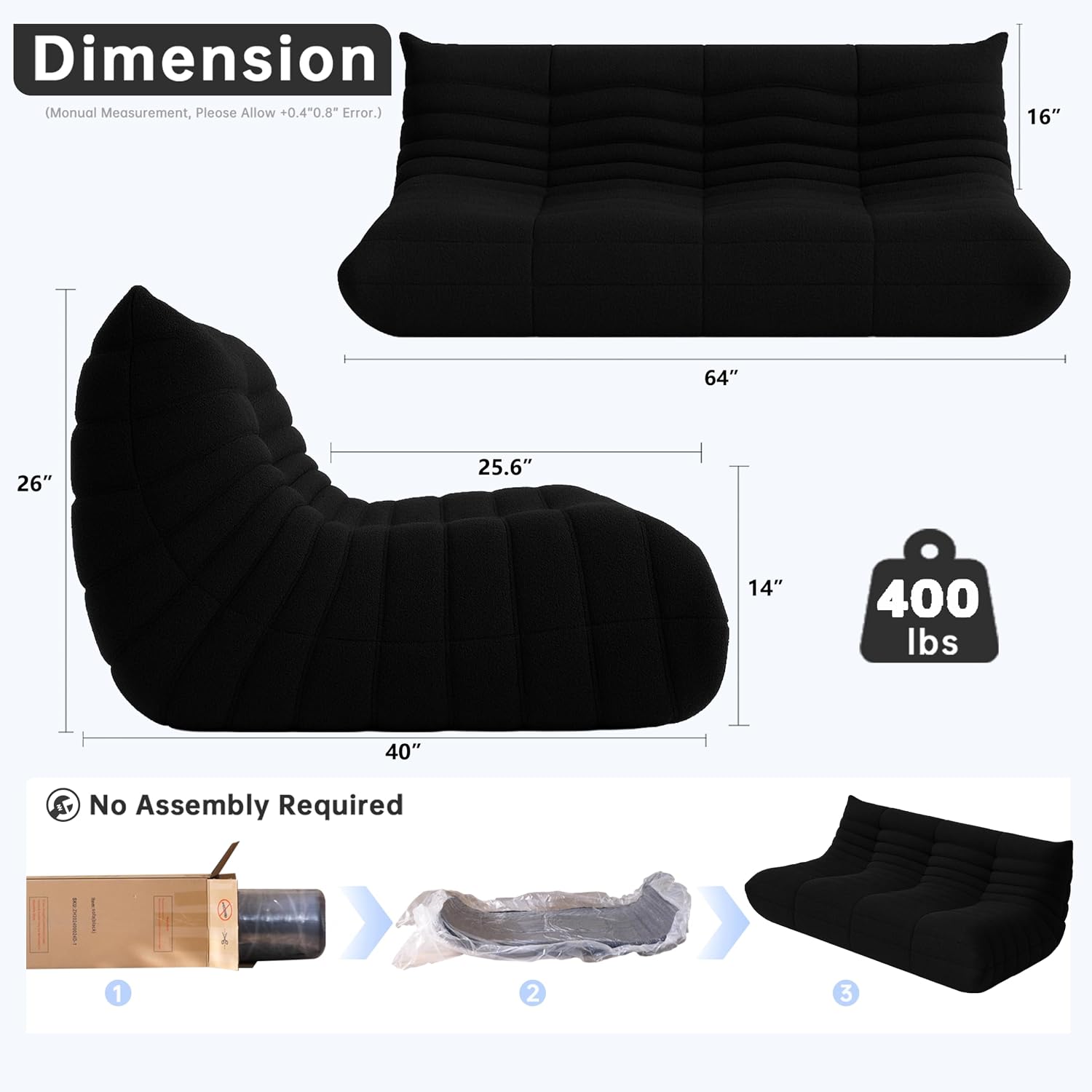 WHGBJA Bean Bag Chairs for Adults, BeanBag Reading Chair Memory Foam Couch 3-Seater, Floor Chair Soft Teddy Material, Comfy Reading Nook Chairs for Bedroom Living Room Office (Black)