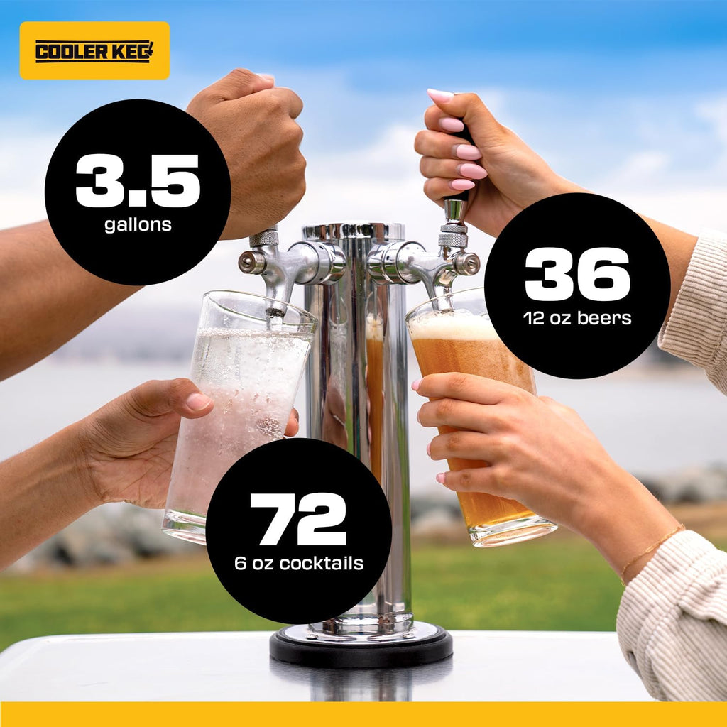 Portable Kegerator Stainless Steel Insulated Draft System: 2 Refillable 1.75 Gallon Kegs, 24 Hours Ice Cold, No Electricity, Dual Taps, 4 CO2 Cartridges. Beer, Mixed Drinks, Cocktails, Mead