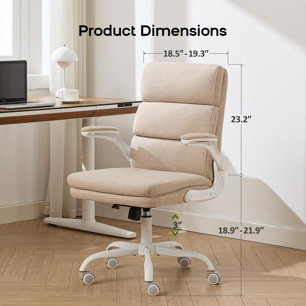 amseatec Office Chair Adjustable Desk Chair Mid Back Executive Comfortable Fabric Ergonomic Back Support Home Computer Chair with Padded Flip-up Armrest Swivel Wheels (Beige)