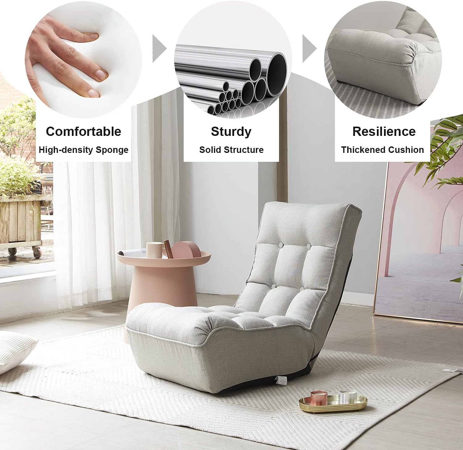 Indoor Chaise Lounge Chair, 3 Angles Adjustable Floor Chair, Folding Lazy Sofa Couch for Teens and Adults, Cushion Padded Comfy Chair for Living Room and Bedroom (Light Grey)