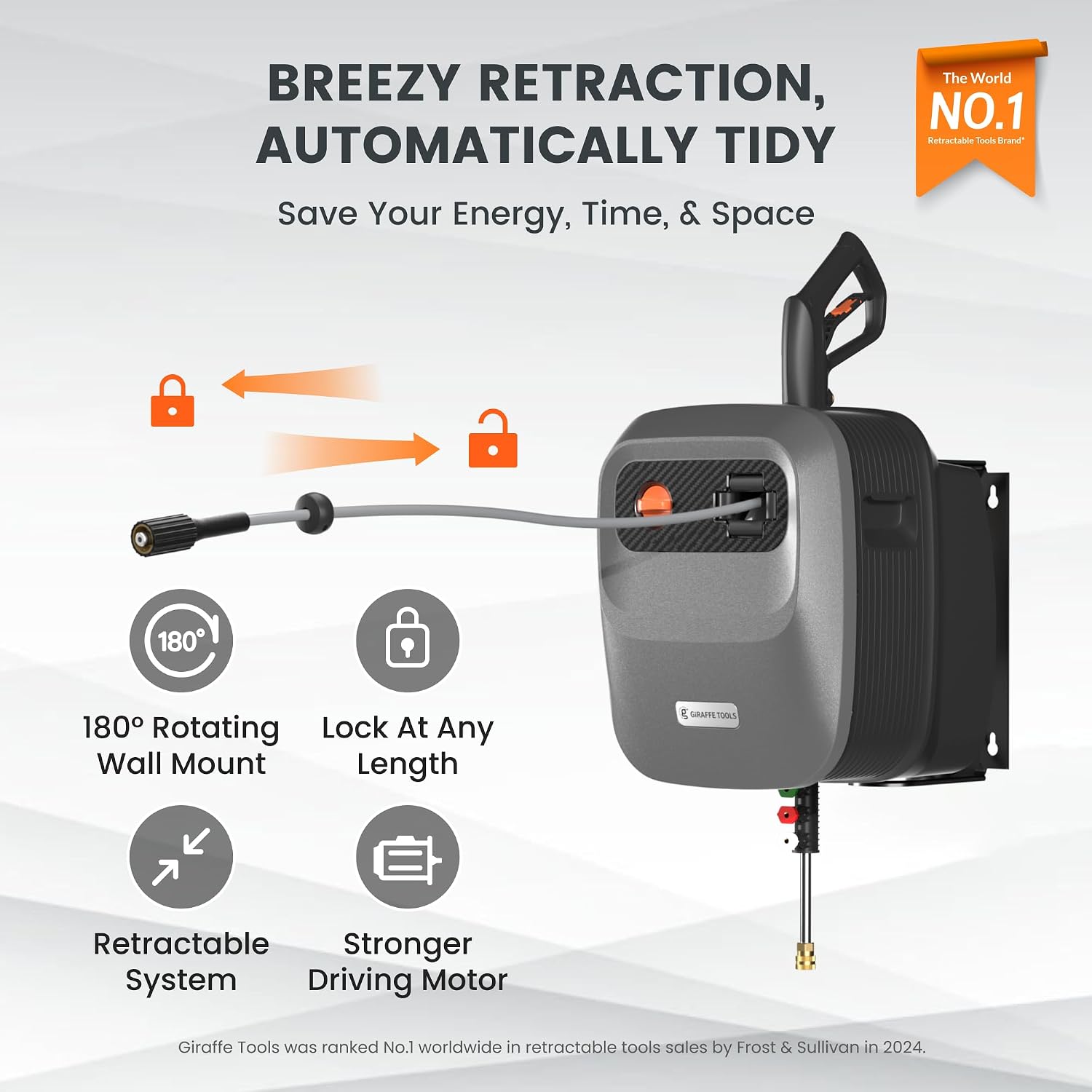 Giraffe Tools Grandfalls Retractable Pressure Washer G20, 2500 PSI 2.2 GPM, 180° Wall Mounted Power Washer, Auto-Retract with 65ft Pressure Hoses, 5 Nozzles for Floor/Cars/Fences/Patios, Dark Silver