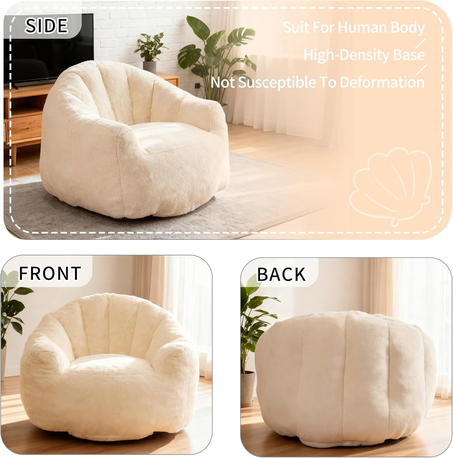 Bean Bag Chair, Giant Beanbag Chiars for Adults and Teens, Faux Fur Shell-Shaped Floor Sofa with Filler, Comfy Chair for Reading, Gaming and Relax (Beige)