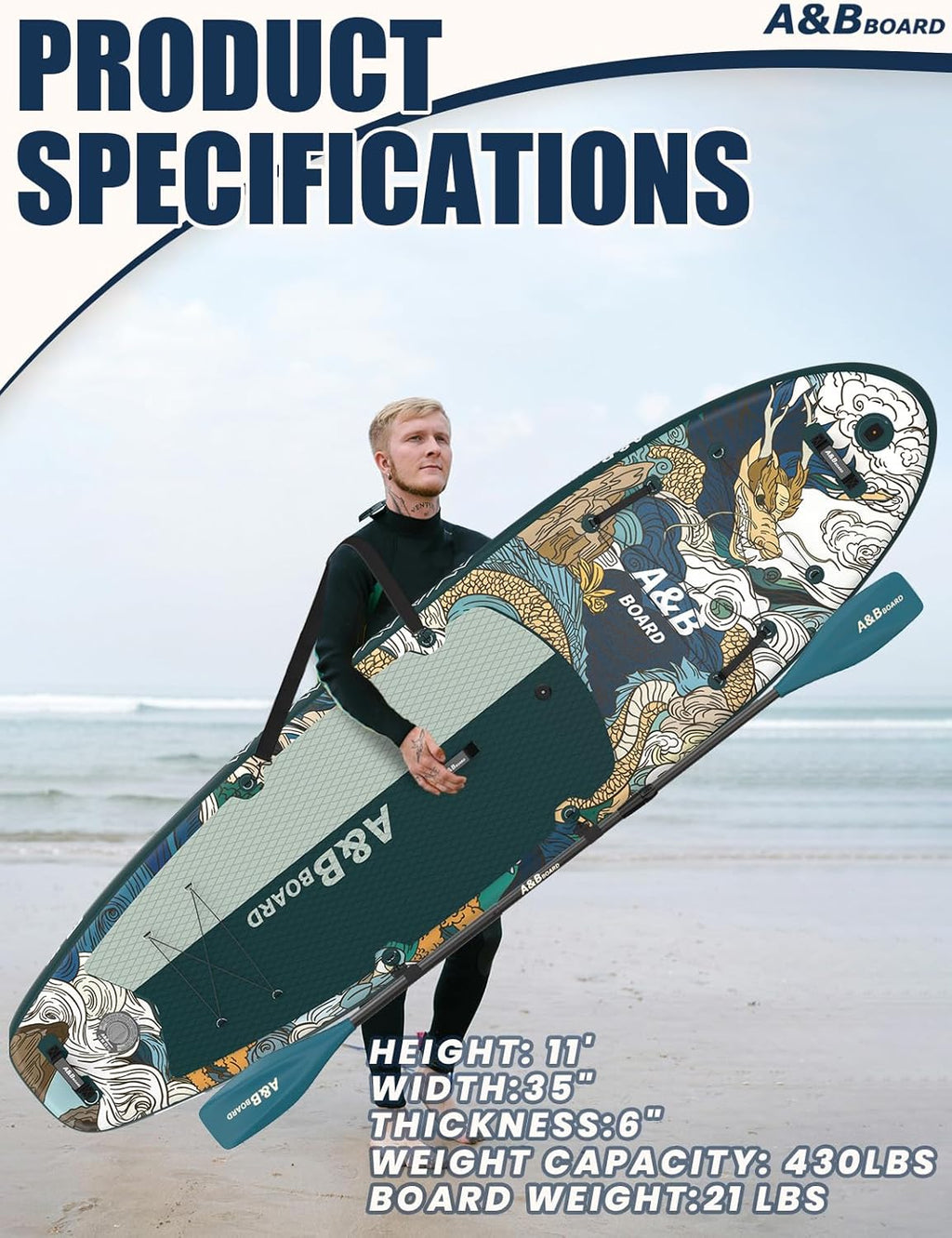 ABBOARD Inflatable Stand Up Paddle Board - Extra Wide Fishing Paddleboard with Sup Accessories Youth/Adults