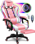 Gaming Chair Massage with Bluetooth Speakers and Led Lights Ergonomic Computer Gaming Chair with Footrest RGB Video Game Chair with High Back Lumbar Support,Pink