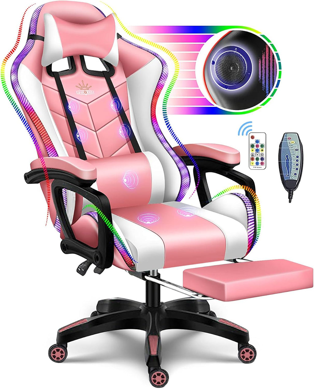 Video Chair Bearing 300lbs,Stylish Ergonomic Gaming Chair with RGB LED - Adjustable Recline, Ergonomic Massage Computer Gaming Chair with Bluetooth Speakers,High-Density Foam Padding, Faux L