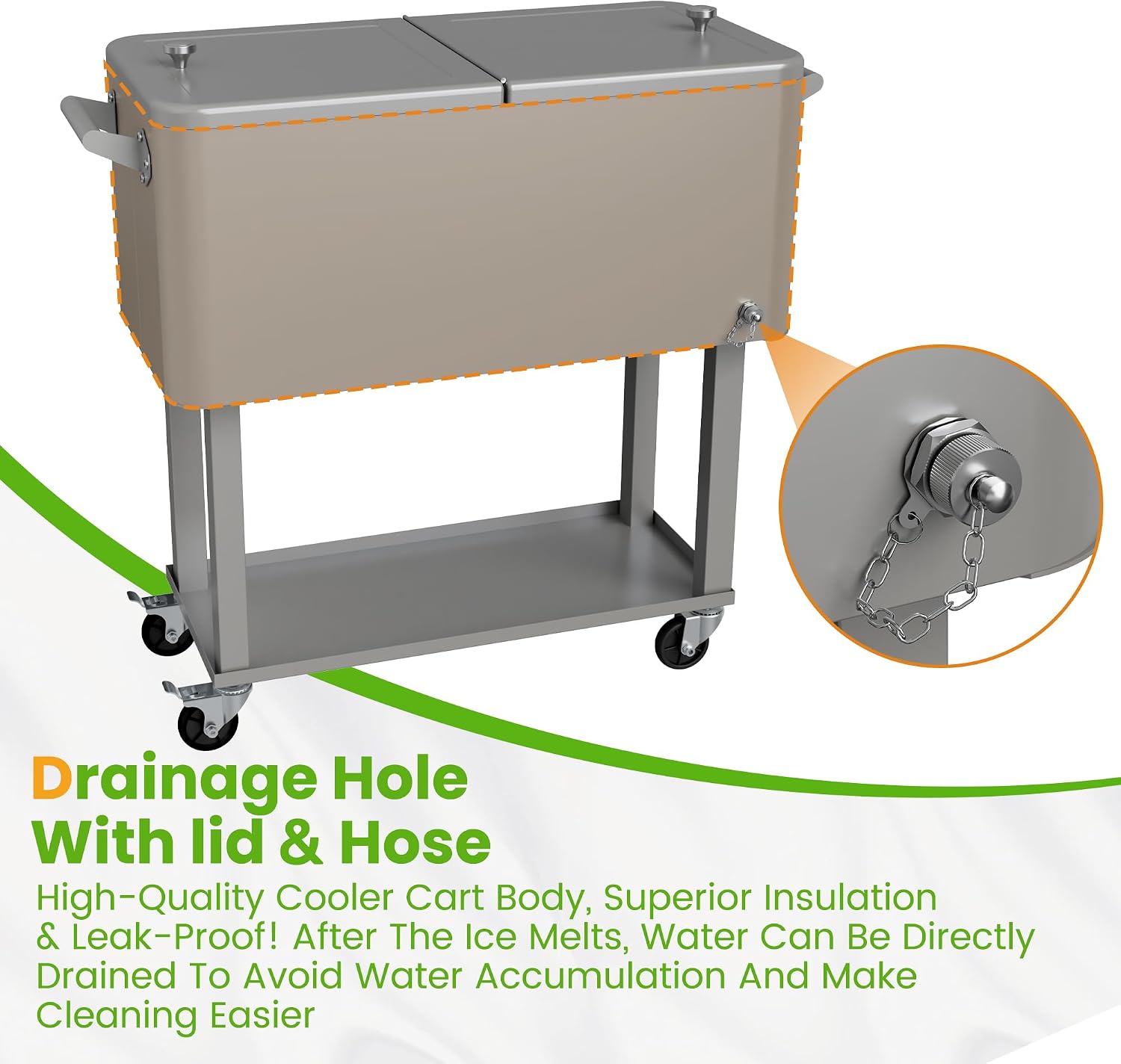 80 Quart Rolling Ice Chest Cooler Cart with Shelf, Heavy Duty Insulated Cooler Box on Wheels with Drain Plug, Weather Resistant Outdoor Party BBQ Drink Cart