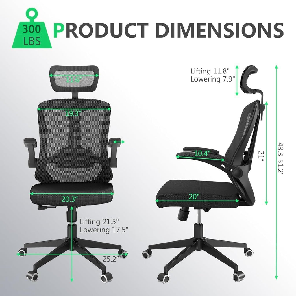 300 LBS Ergonomic Office Computer Mesh Chair - Adjustable Height Rolling Desk Chair with Flip-Up Armrests & High Back Support - Comfortable Swivel Task Chair for Home Office