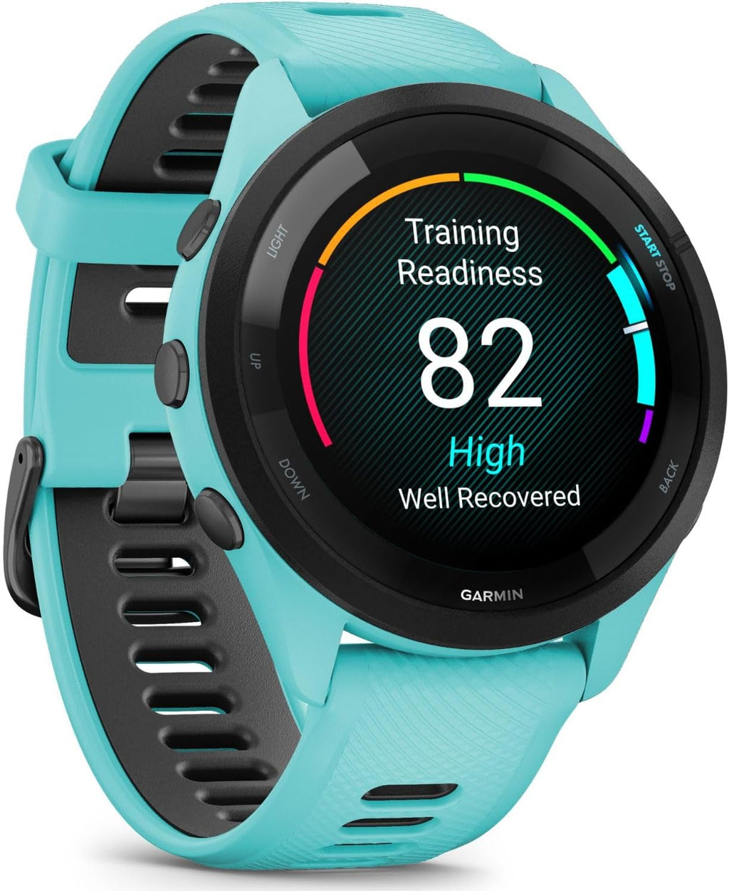 Garmin Forerunner 265 GPS Smartwatch, Aqua/Black Bundle with Deco Essentials Charging Dock Venu 3 + Silicone Dust Cover + Round Tempered Glass Screen Protector