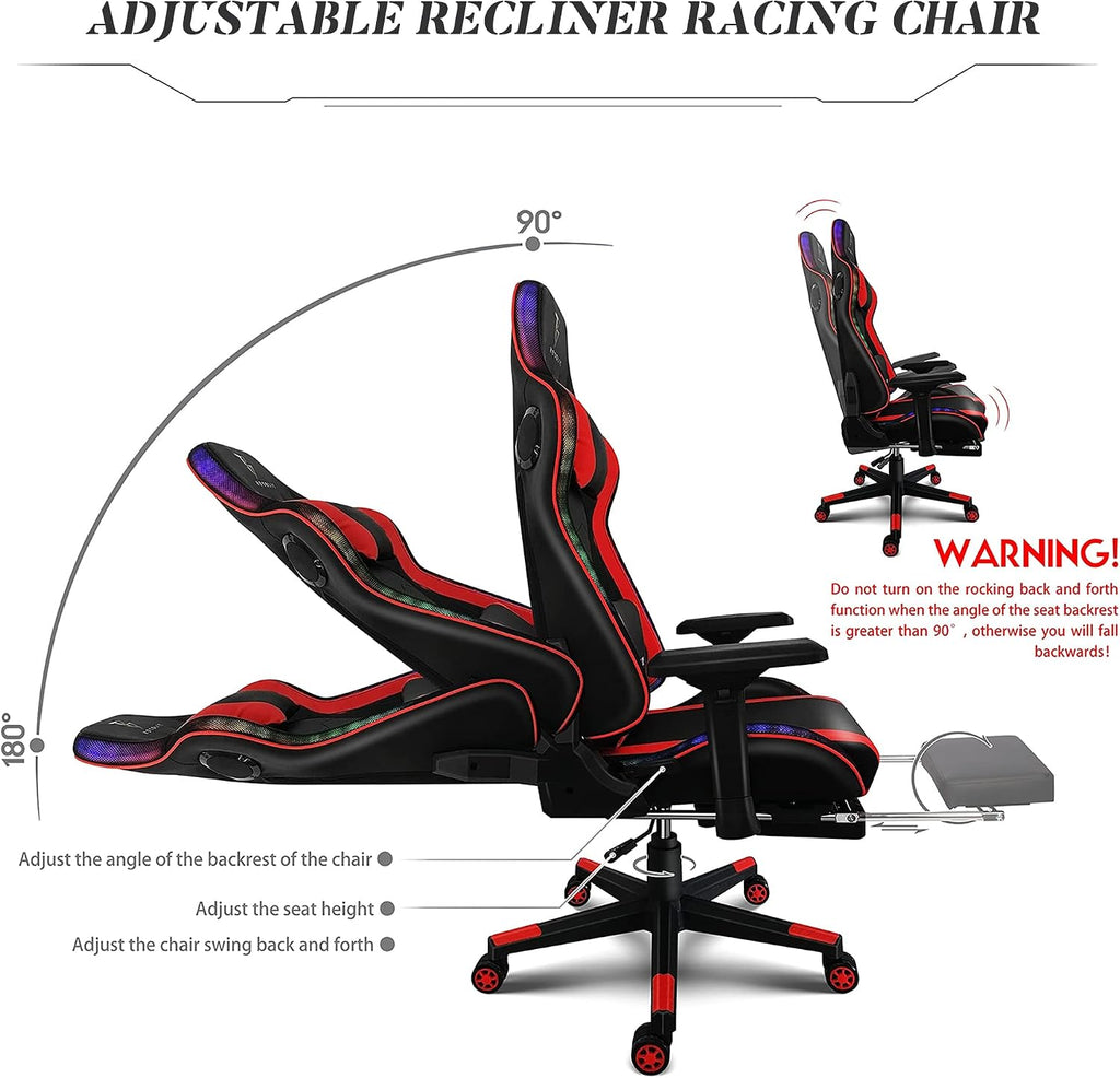 Massage Video Game Chair for Teens, RGB Gaming Chair with Speakers, High Back Adjustable Computer Chair with Footrest, PU Leather Recliner Swivel Rocking Desk Chair Office Chair,Black