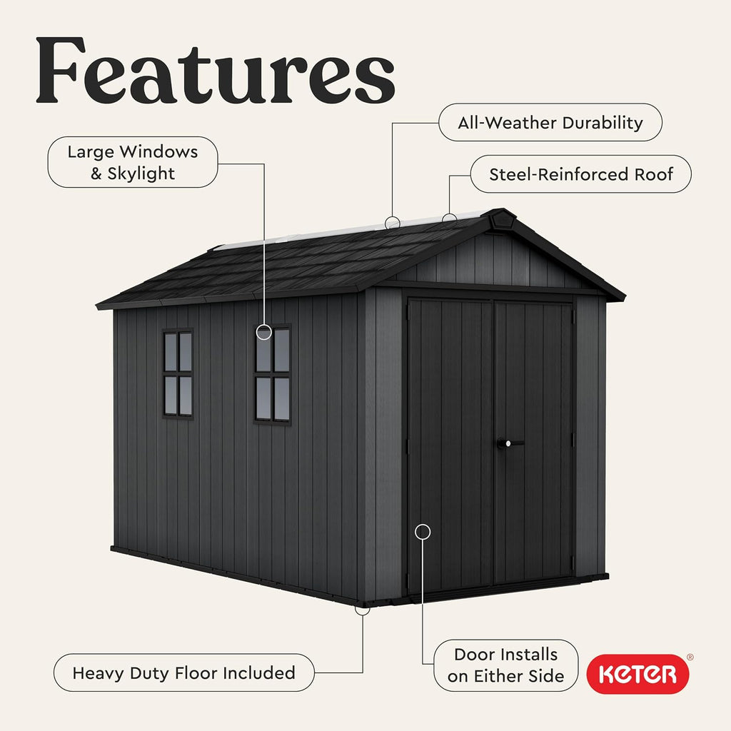 Keter Newton Plus 7.5x11 Ft All-Weather Storage Shed with Skylight, Window, Built-in Ventilation, Customizable Walls, & Lockable Double Doors, Graphite