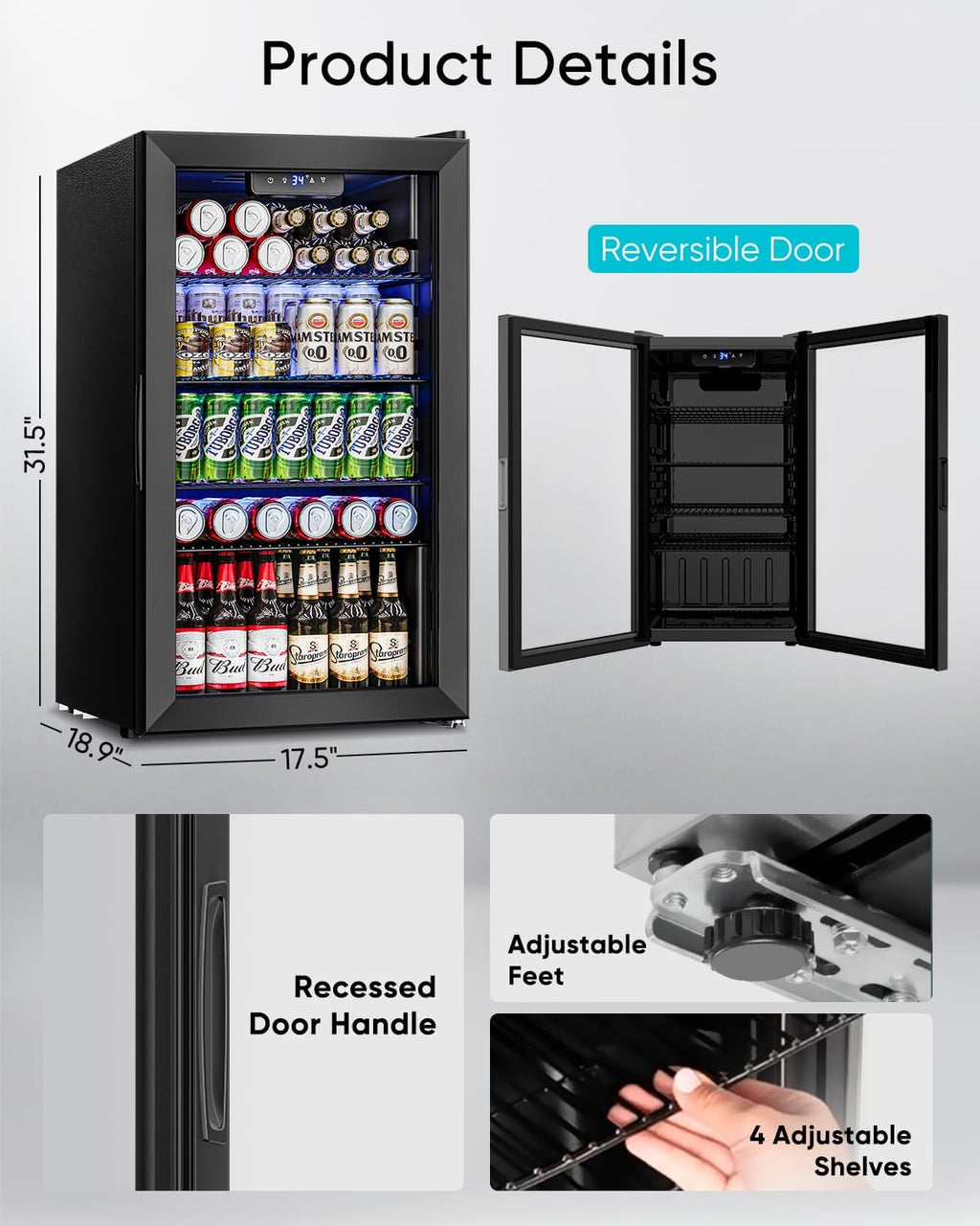 Feelfunn 3.2 Cu.Ft Mini Fridge with Glass Door - 126 Can Beverage Refrigerator Cooler for Drink Beer Wine Soda, Small Fridge for Bedroom Office Bar Dorm, 4 Adjustable Shelves, Black