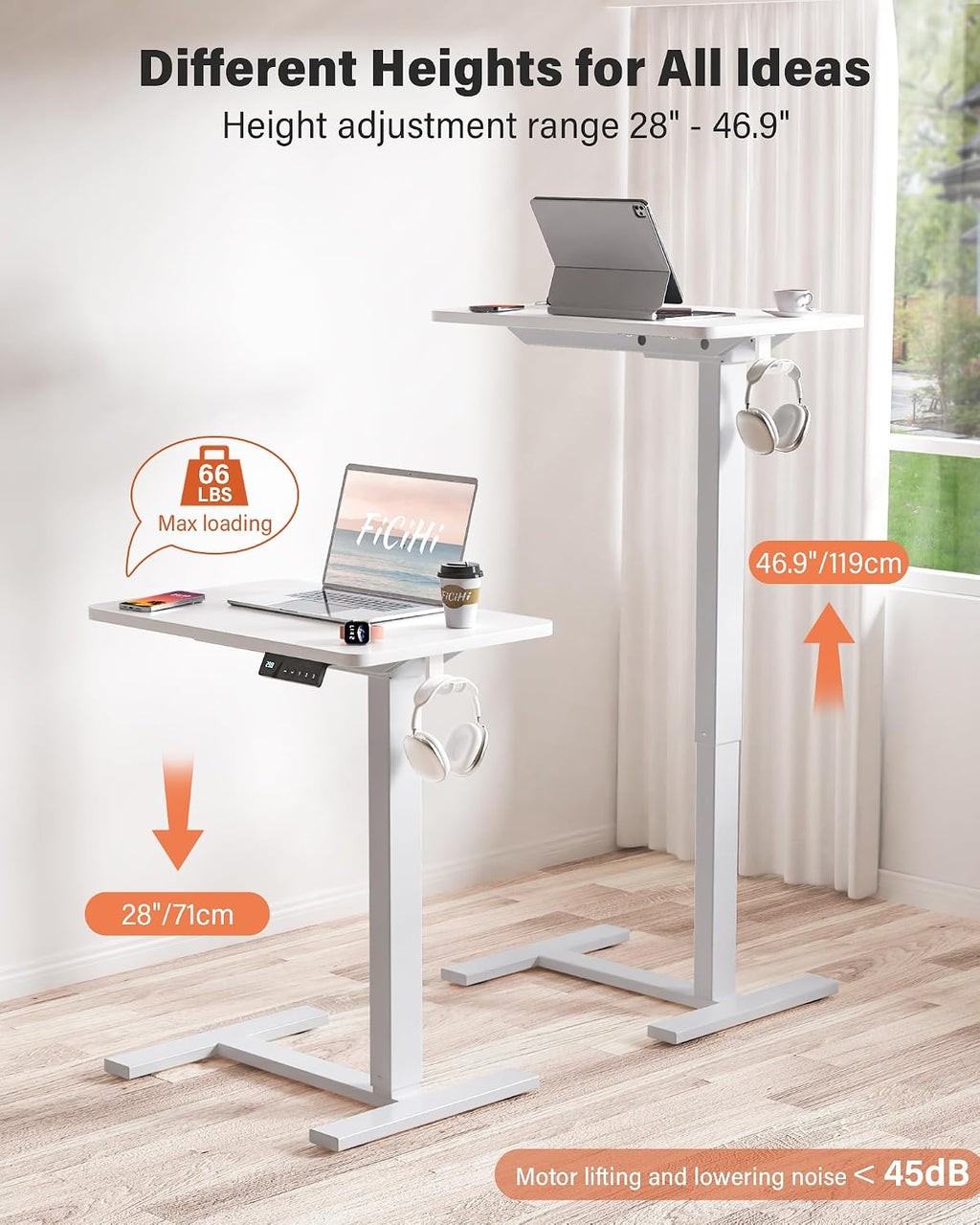 FiCiHi Small Electric Standing Desk - Adjustable Height Bedside Laptop Table with Wheels, Mobile, Portable Rolling Computer Workstation Sit Stand Table for Home Office, Sofa, Couch Use (24x16, White)