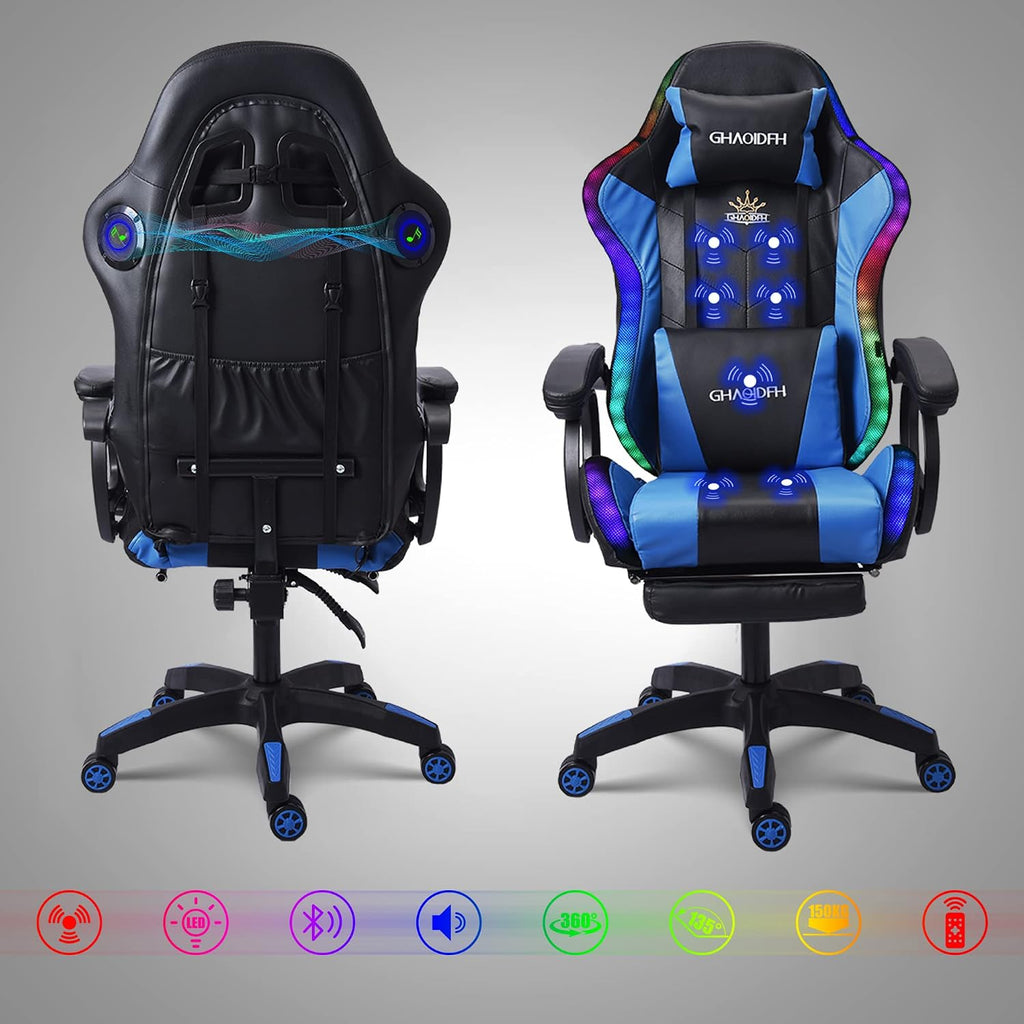 Video Gaming Chair with Speaker and RBG Light, Ergonomic Computer Chair with Massage Function, Comfortable Computer Recliner with Footrest and Lumbar Support,Gaming Chair for Adults Kids.,Blu