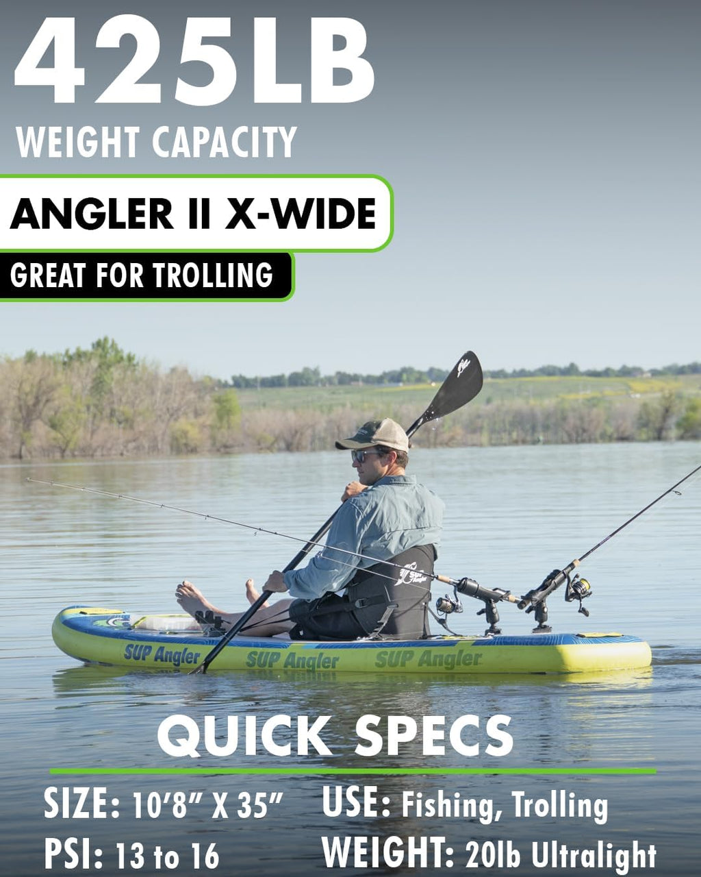 SUP Angler X-Wide Inflatable Fishing Paddle Board with Seat, Choose Accessories Package, Adjustable Fishing Rod Holders, Accessory Ports, Dual Paddle, Quad Bungees, 10'8' X 35'