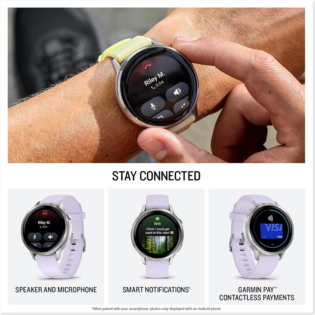 Garmin Venu® 4, 41mm, Advanced Health and Fitness GPS Smartwatch, Bright and Colorful Display, Built-in Flashlight, 10 Days of Battery Life, Silver with Periwinkle Silicone Band