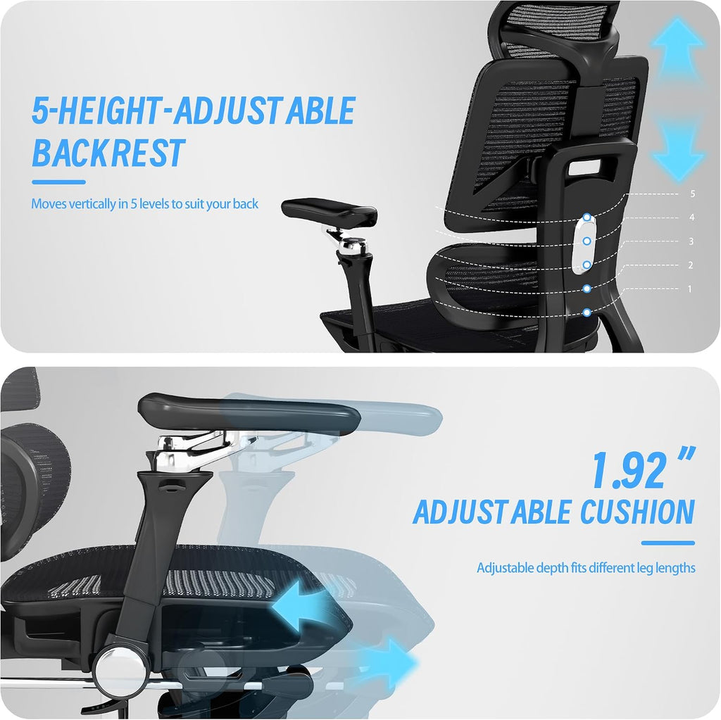 Ergonomic Office Chair with Footrest, High Back Mesh Computer Chair with Lumbar Support, 5-Level Backrest Height, 6D Flip-Up Arms for Home & Gaming Desk (Black Mesh One-piece Lumbar Support)