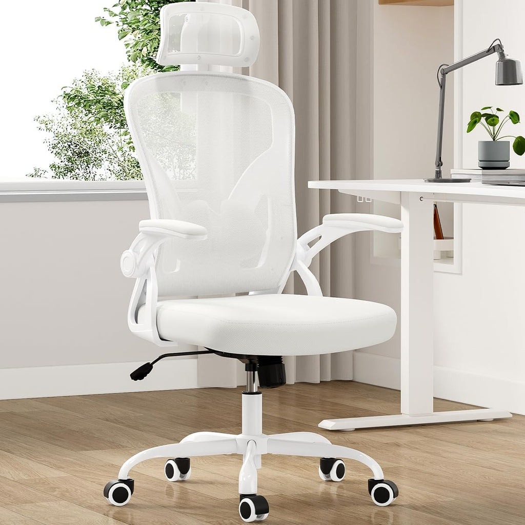 Farini Ergonomic Office Chair, Home Office Desk Chair with Headrest, High Back Swivel Computer Chair with Armrests and Adjustable Lumbar Support for Home Office Study Room, White & White
