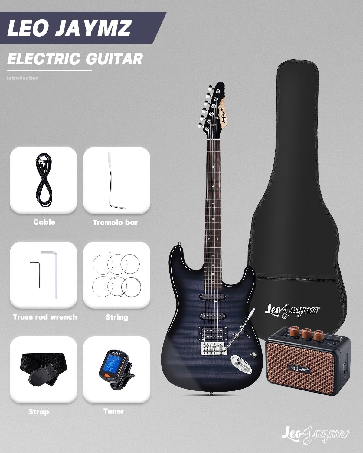 Leo Jaymz 39' Full Size ST Style Electric Guitar Starter Kit with SSH Pickup, 5W Portable Amp, Tuner, Gig Bag, Strap & Accessories(Black Flame 5W)
