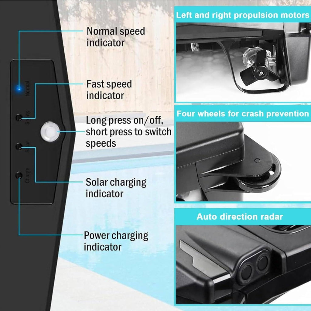 Automatic Solar Pool Skimmer Robot, 27/4 Full Day Robotic Pool Skimmer Cleaner Cordless Pool Cleaning Robot, 3.4L Large Capacity, for Most Swimming Pool Types