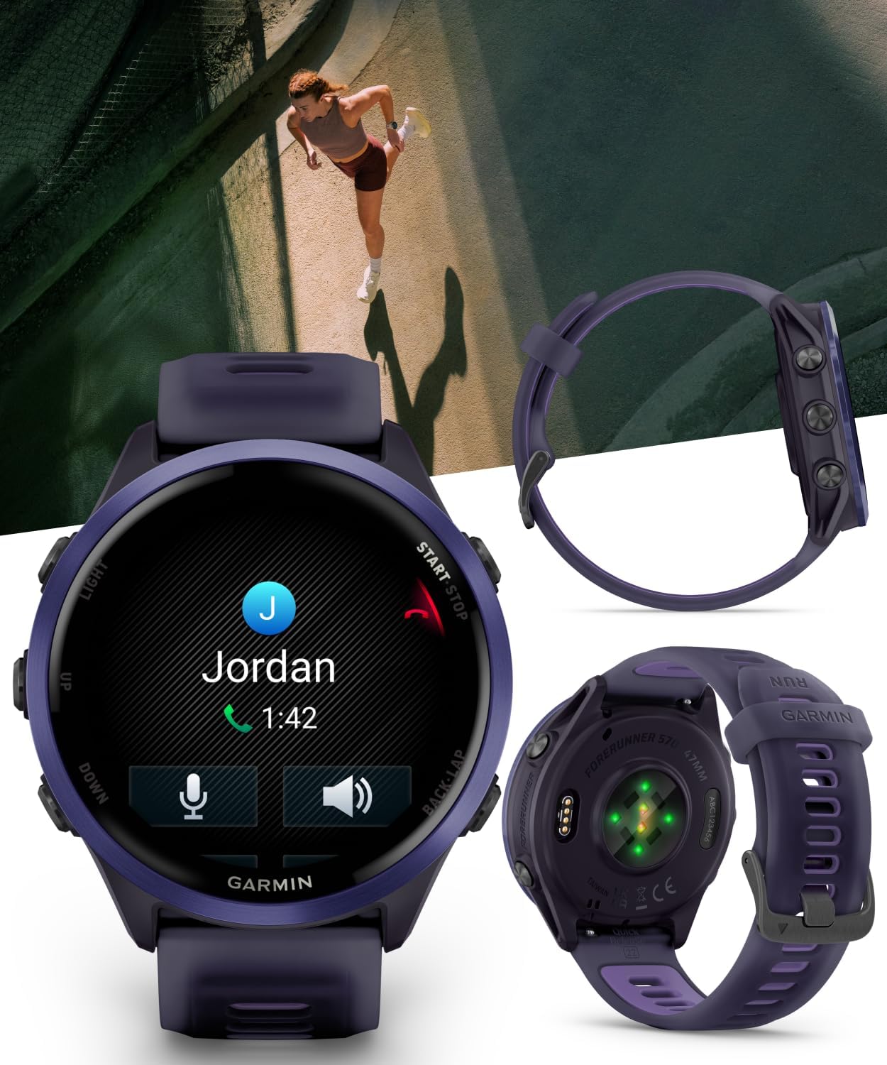 Garmin Forerunner 570 47mm Advanced GPS Running & Triathlon Smartwatch, AMOLED Display, Training & Recovery, Indigo Aluminum w/Translucent Imperial Purple/Indigo Band w/ Wearable4U BLK Earbuds Bundle