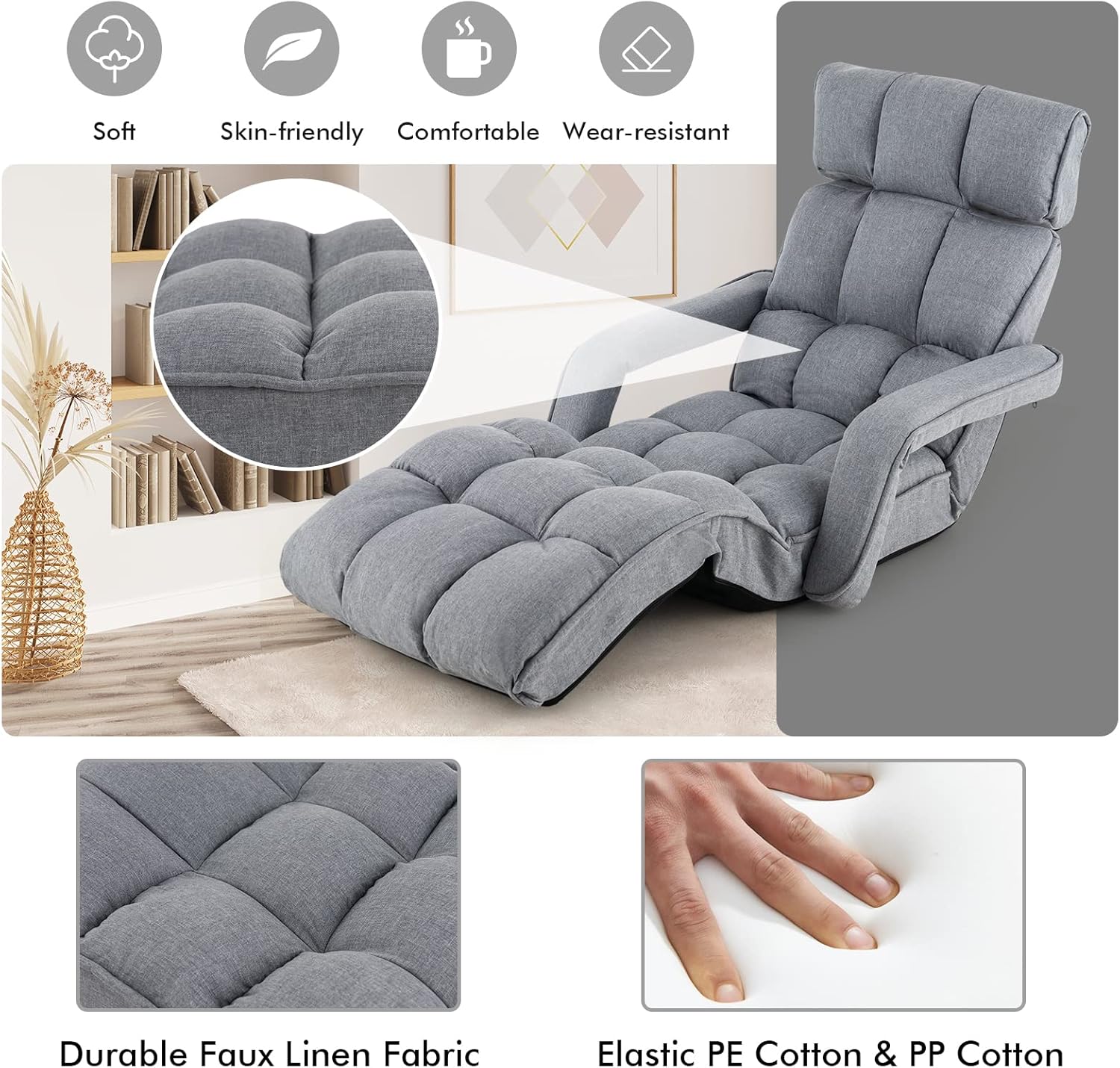 KOMFOTT Foldable Floor Lazy Sofa, Indoor Chaise Lounge Sofa with 6 Adjustable Positions, Folding Chair Bed with Adjustable Armrests, Backrest & Footrest, Ideal for Living Room, Bedroom (Grey)