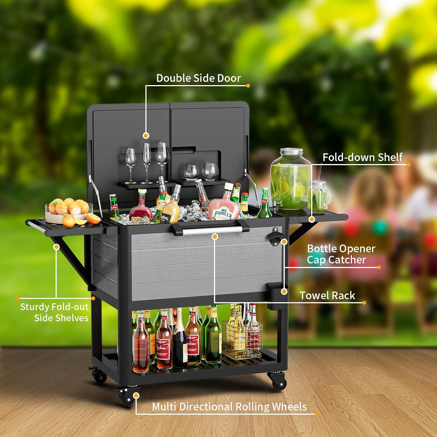 104 Quart Patio Rolling Ice Chest Large Cooler Cart with Wheels, Portable Mobile Outdoor Coolers Bar Cart with Storage Shelf & Bottle Opener for Drinks, Party, Camping, Backyard, Deck, BBQ