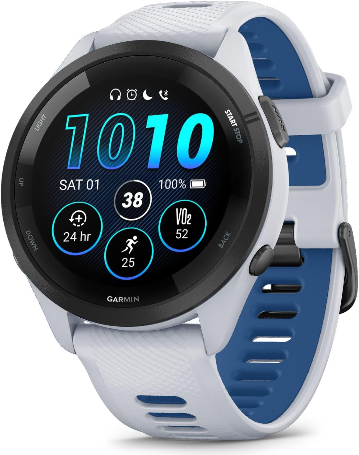 Garmin Forerunner 265 GPS Smartwatch, Whitestone/Tidal Blue Bundle with Deco Essentials Charging Dock Venu 3 + Silicone Dust Cover + Round Tempered Glass Screen Protector