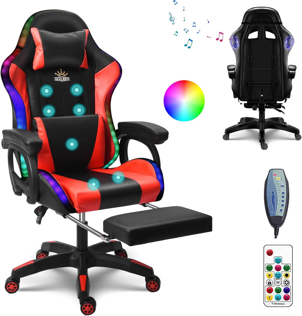 Massage Gaming Chair with Speakers Video Game Chair with RGB LED Lights Ergonomic Racing Office Chair PU Leather Recliner Computer Chair Swivel Chair with Headrest Armrest Lumbar Support,Red